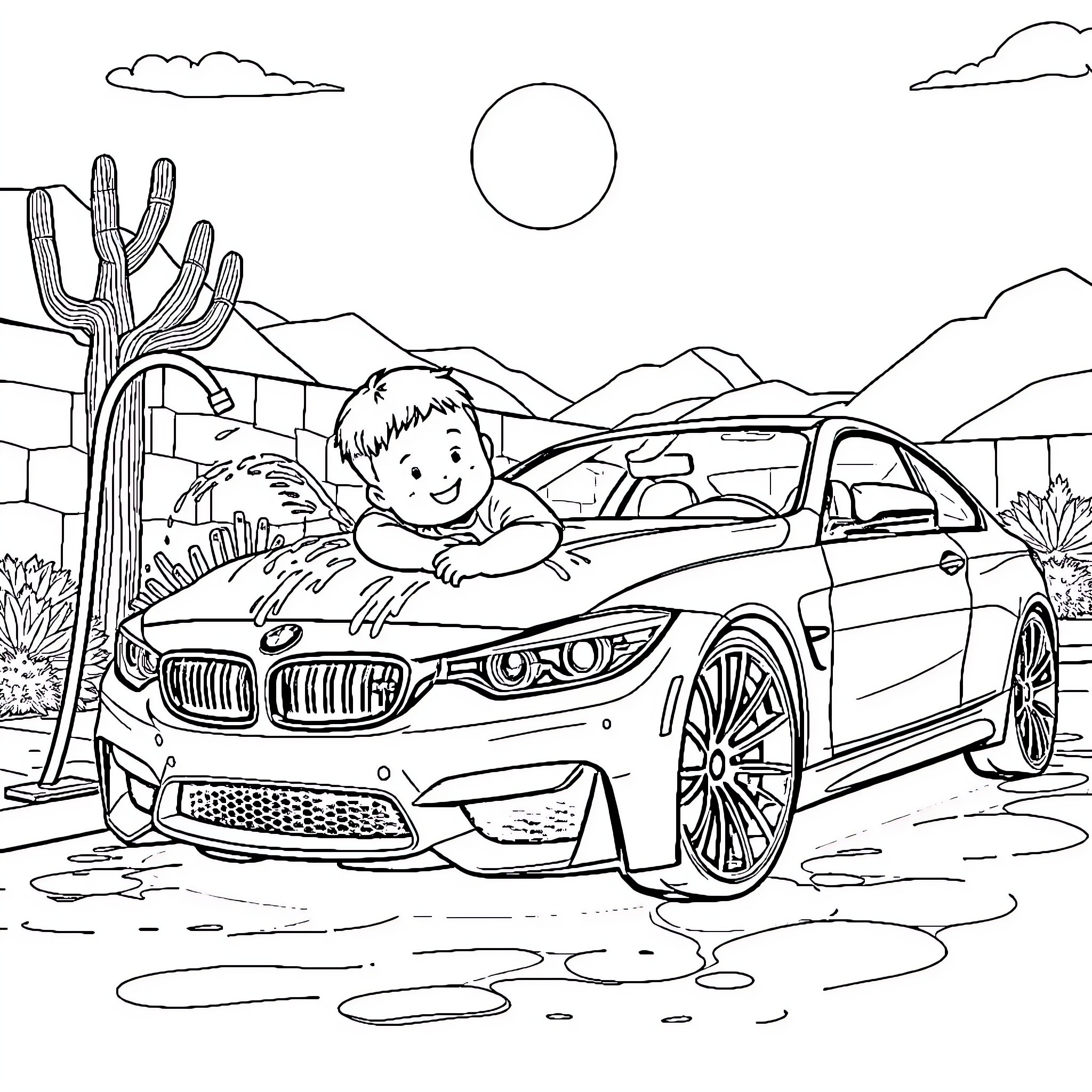 Kid relaxing by a luxury sports car in the desert Coloring Page (free black-and-white line drawing printable PDF for all, from beginners to advanced learners, including children, teens, adults, and seniors)