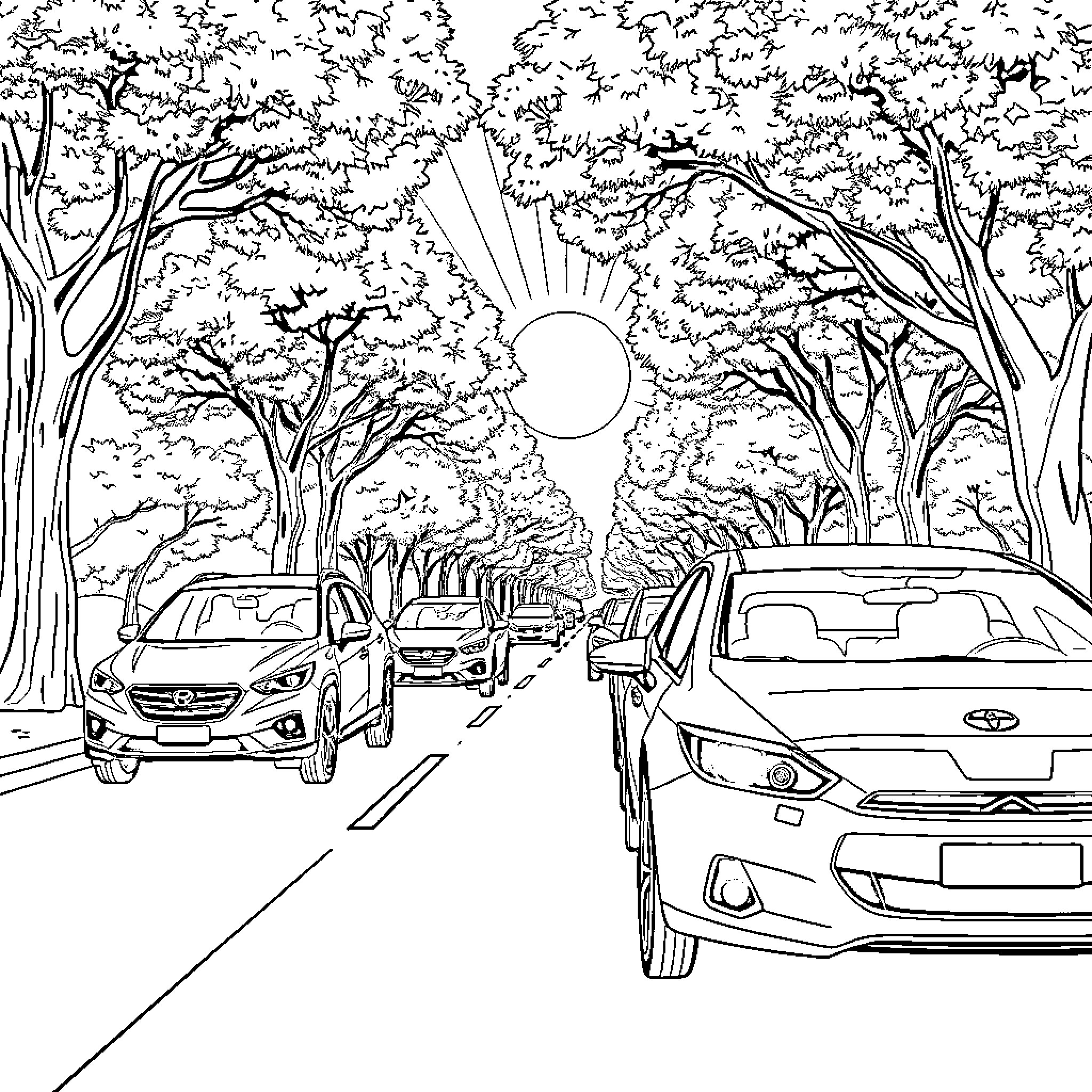 Modern Car Driving Through Scenic Forest Landscape Coloring Page (free black-and-white line drawing printable PDF for all, from beginners to advanced learners, including children, teens, adults, and seniors)