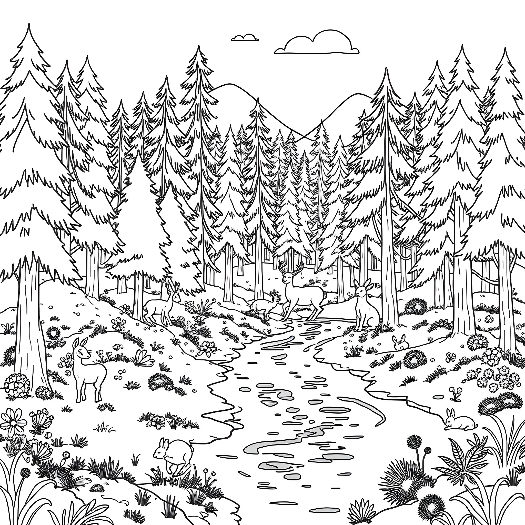 Nature Scene with Animals in the Forest Coloring Page (free black-and-white line drawing printable PDF for all, from beginners to advanced learners, including children, teens, adults, and seniors)