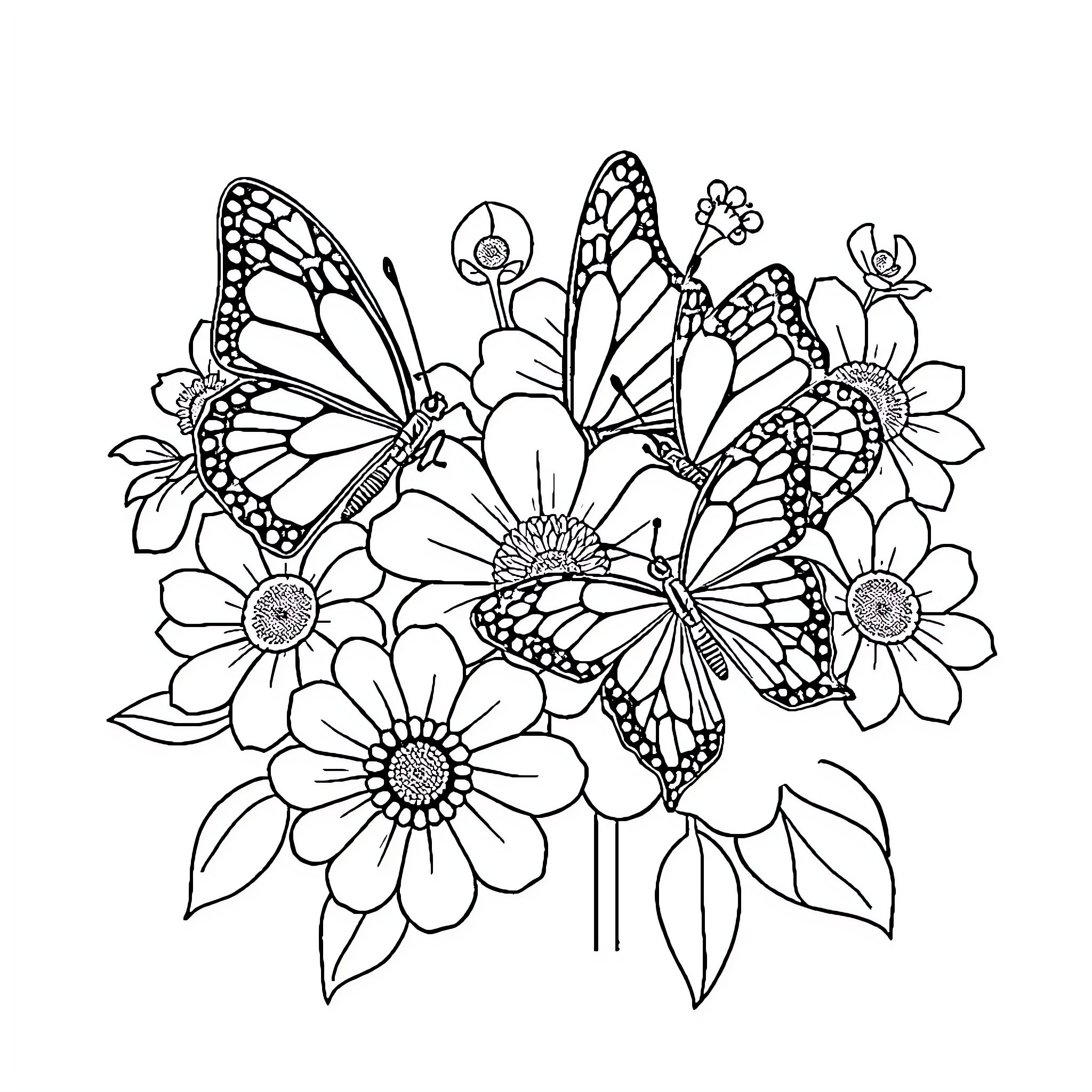 Butterfly fluttering among vibrant flowers Coloring Page (free black-and-white line drawing printable PDF for all, from beginners to advanced learners, including children, teens, adults, and seniors)