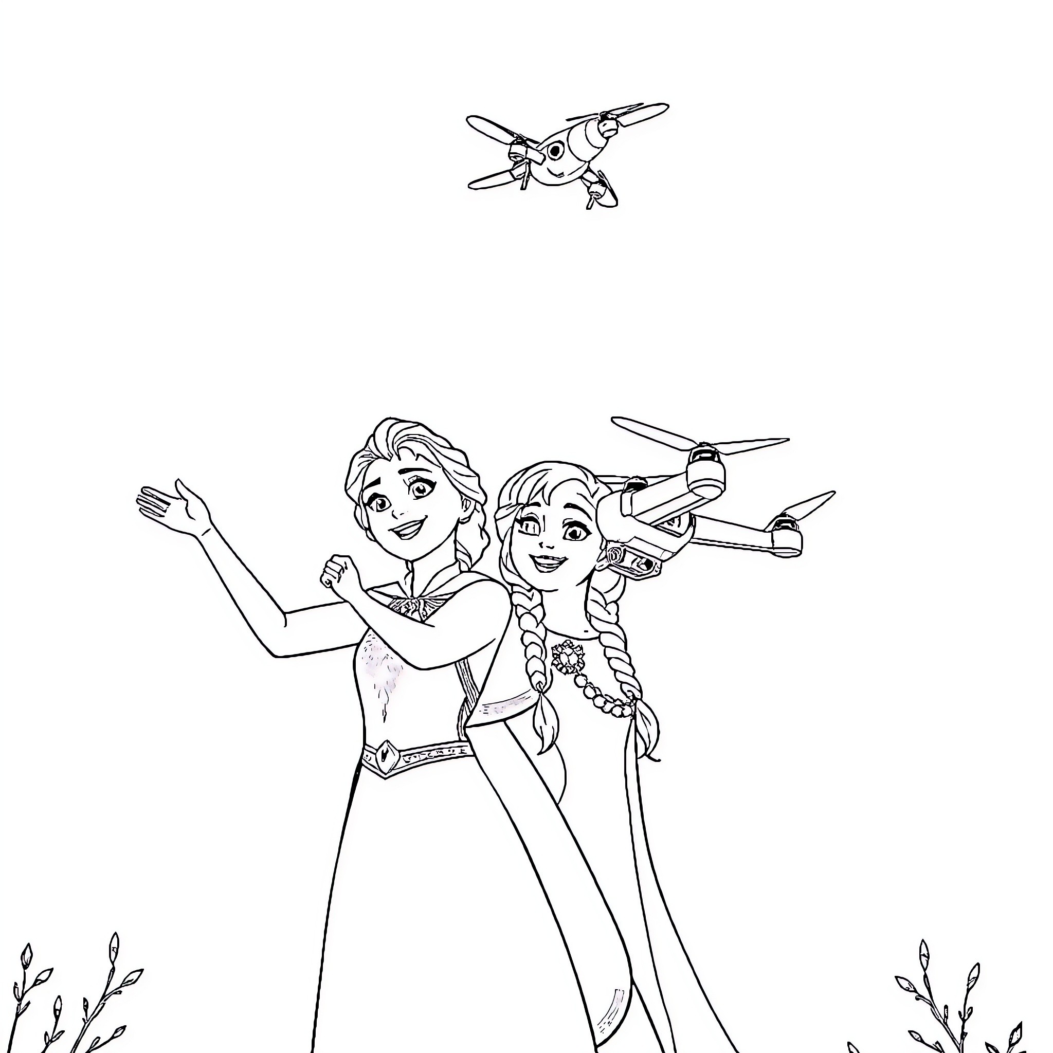 Elsa and Anna playing with planes in the park Coloring Page (free black-and-white line drawing printable PDF for all, from beginners to advanced learners, including children, teens, adults, and seniors)