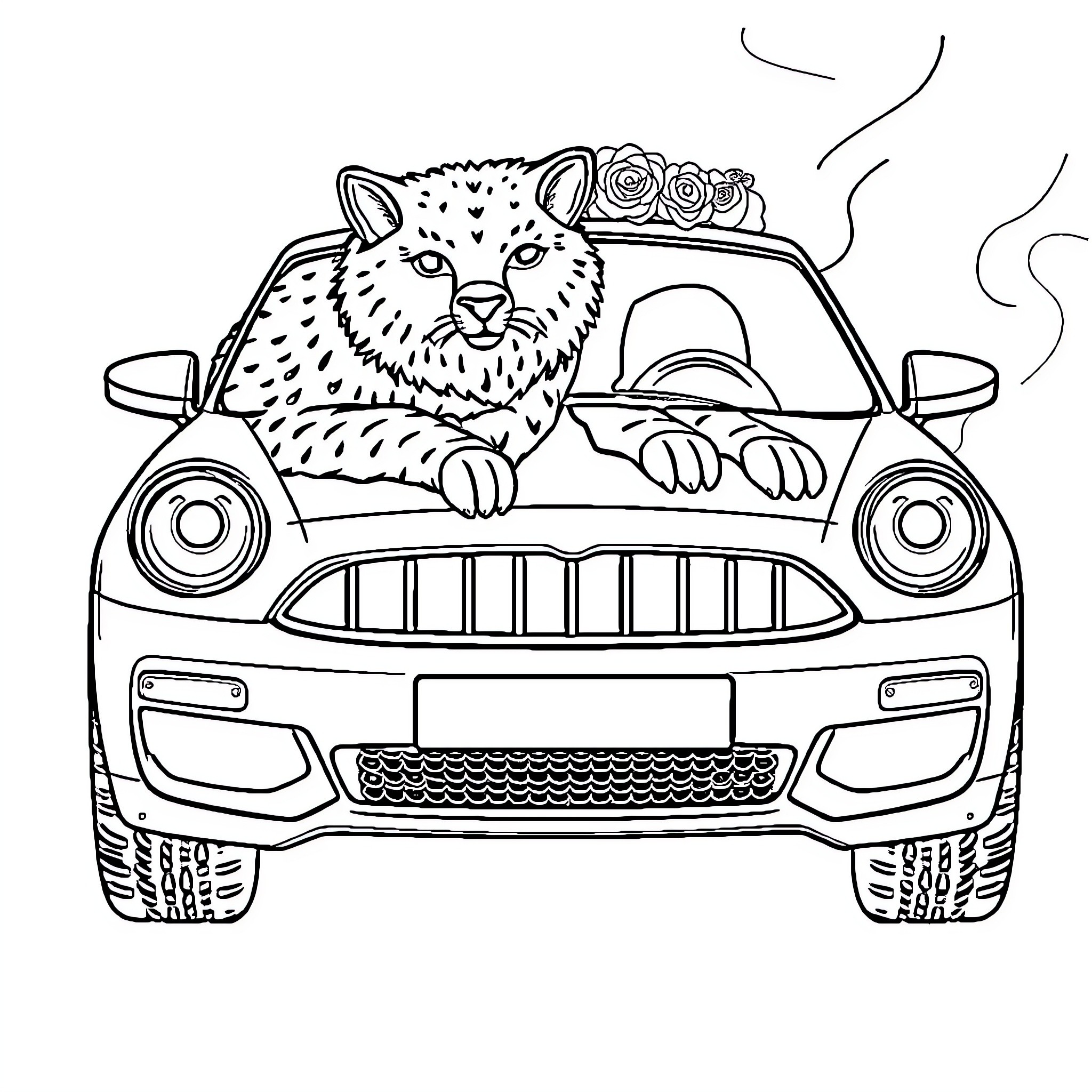 Car with an animal driver in a whimsical scene Coloring Page (free black-and-white line drawing printable PDF for all, from beginners to advanced learners, including children, teens, adults, and seniors)