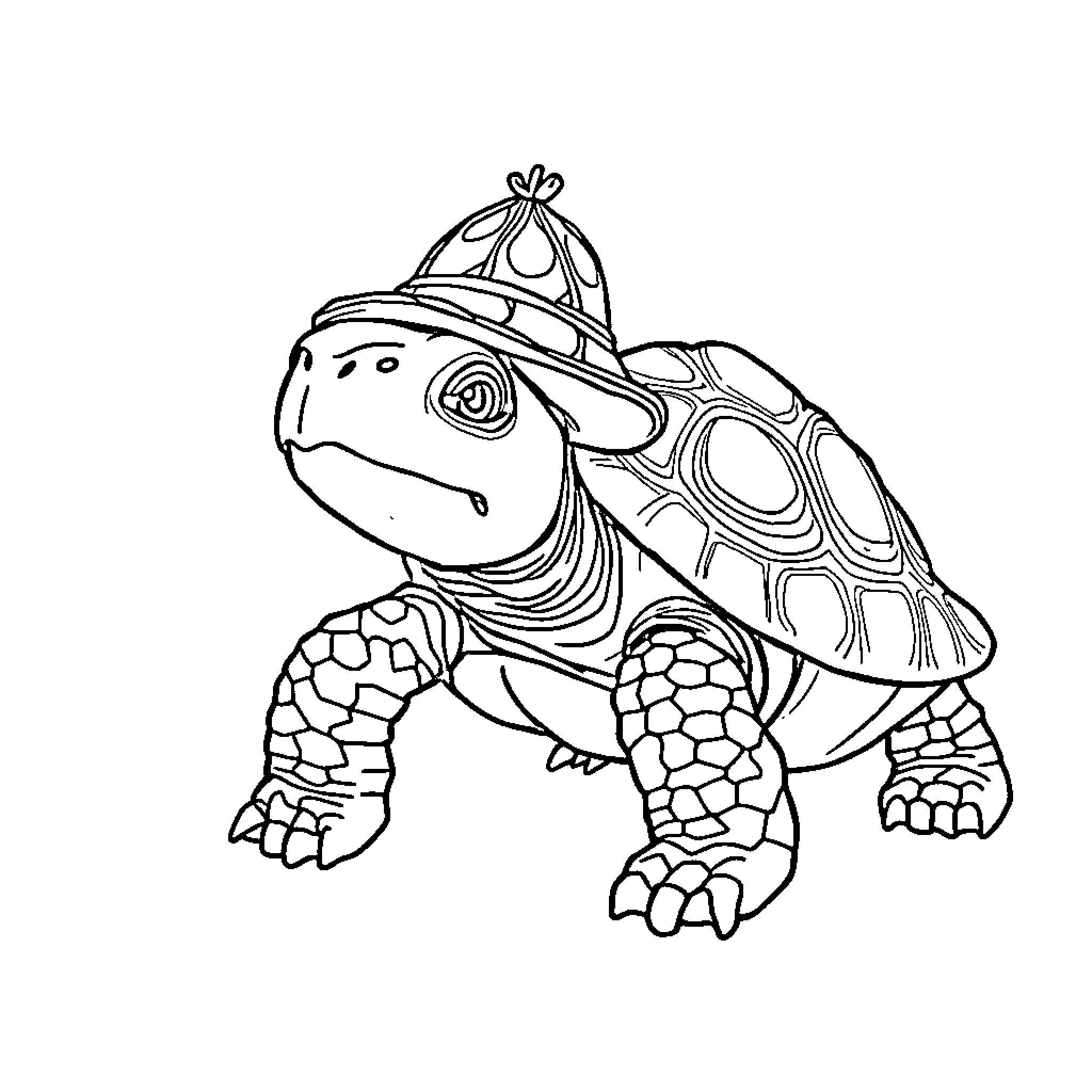 Turtle wearing a whimsical hat Coloring Page (free black-and-white line drawing printable PDF for all, from beginners to advanced learners, including children, teens, adults, and seniors)