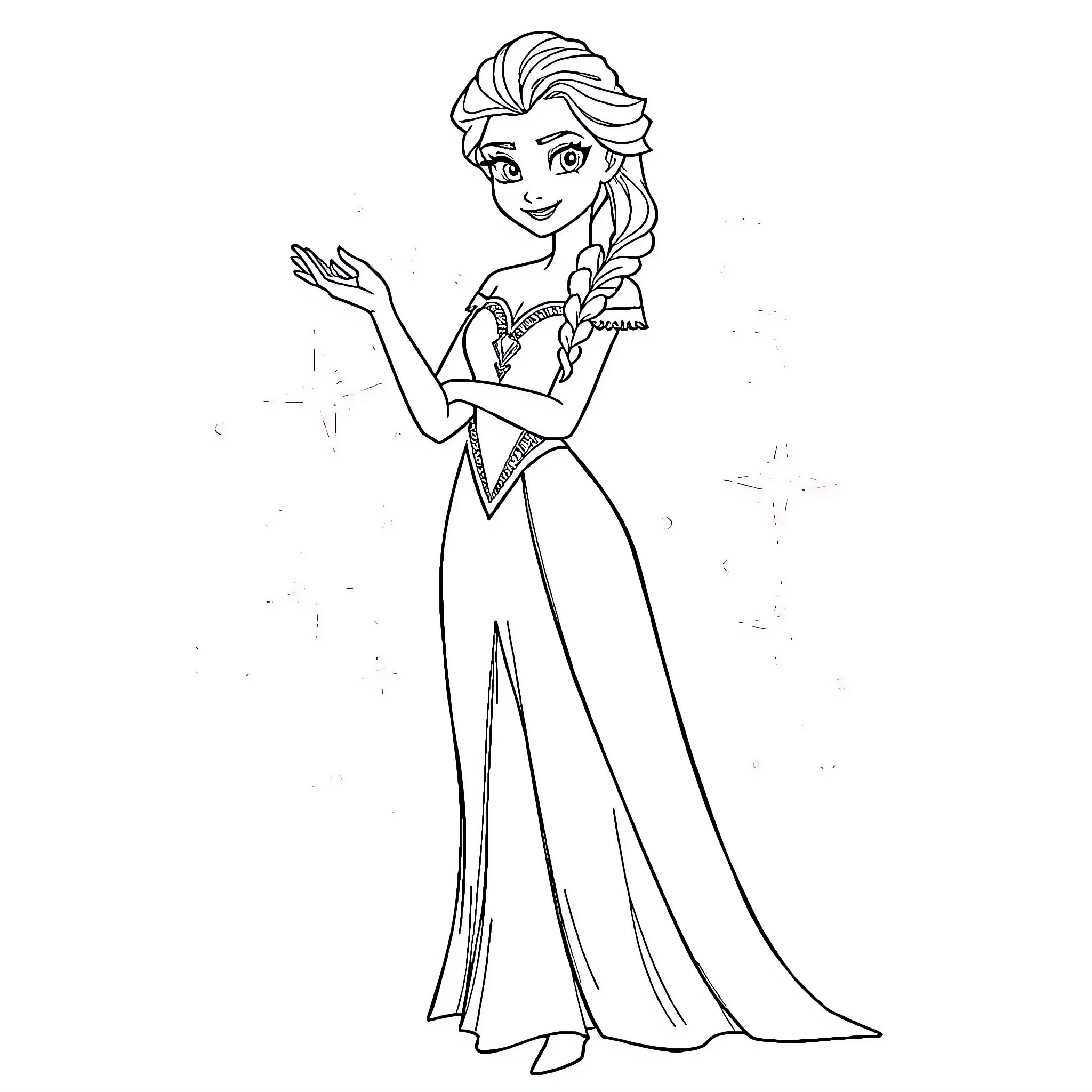 Elsa showcasing her elegant dress and braided hairstyle Coloring Page (free black-and-white line drawing printable PDF for all, from beginners to advanced learners, including children, teens, adults, and seniors)