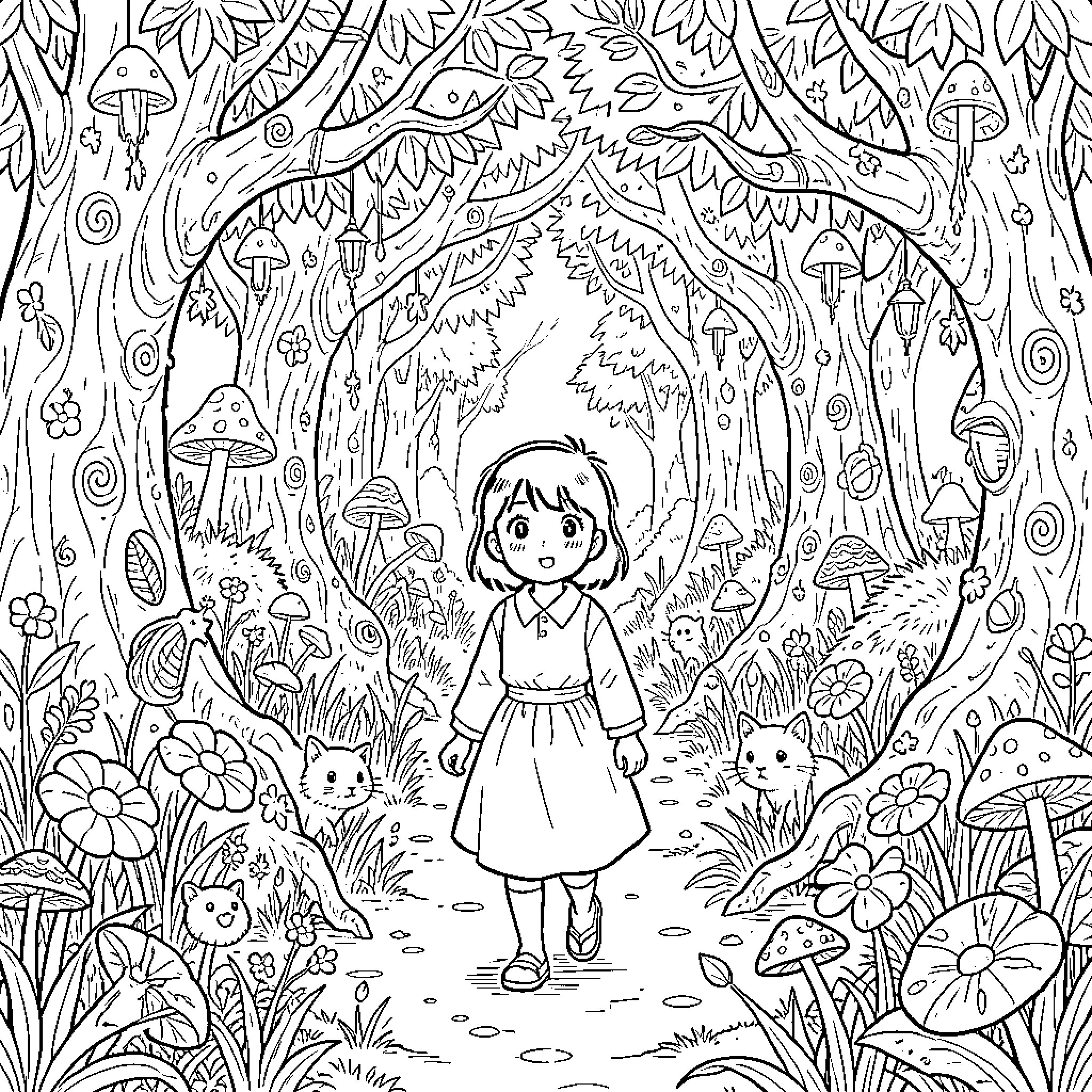 Chihiro walking through a magical forest with kittens Coloring Page (free black-and-white line drawing printable PDF for all, from beginners to advanced learners, including children, teens, adults, and seniors)