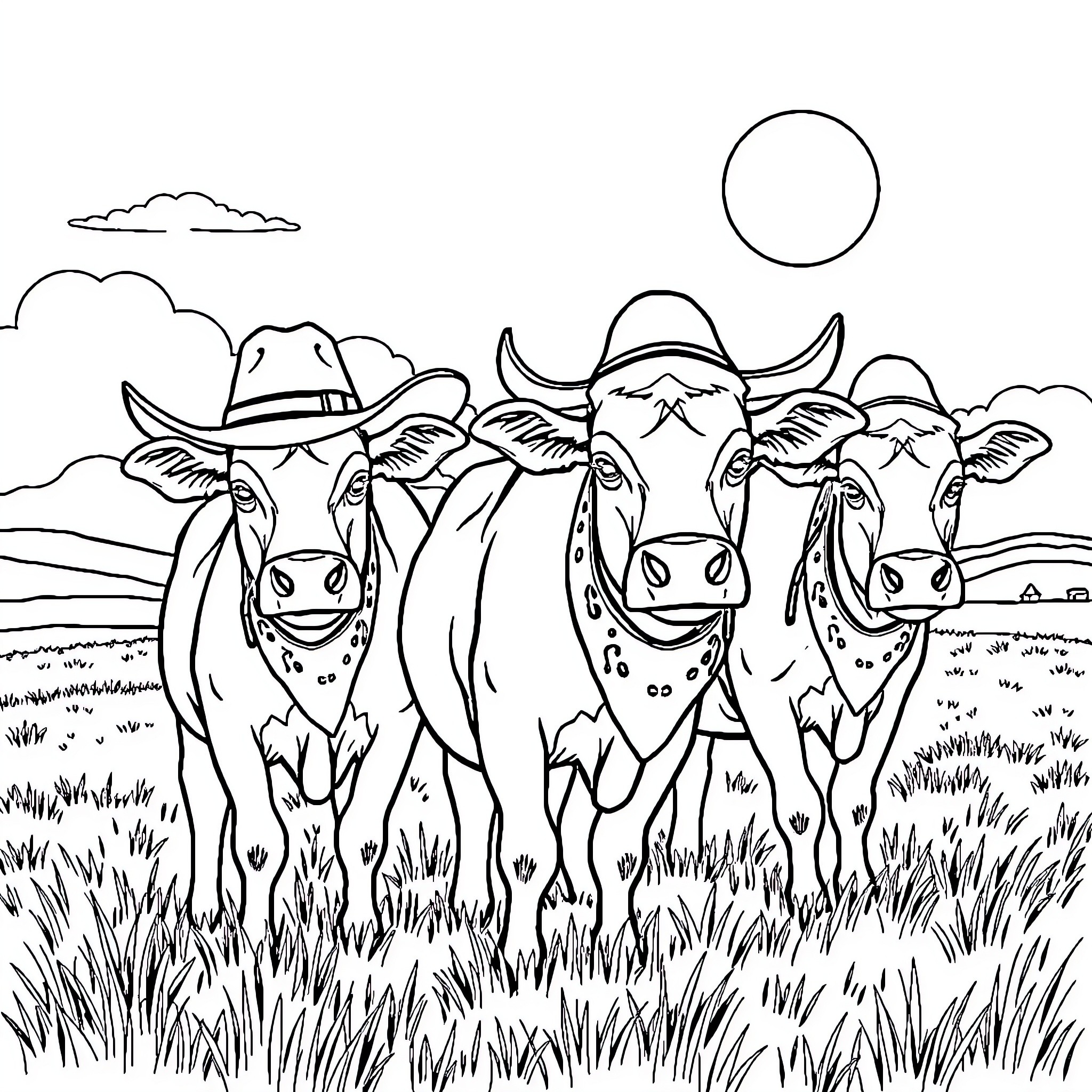 Cows in Cowboy Hats Grazing in the Countryside Coloring Page (free black-and-white line drawing printable PDF for all, from beginners to advanced learners, including children, teens, adults, and seniors)
