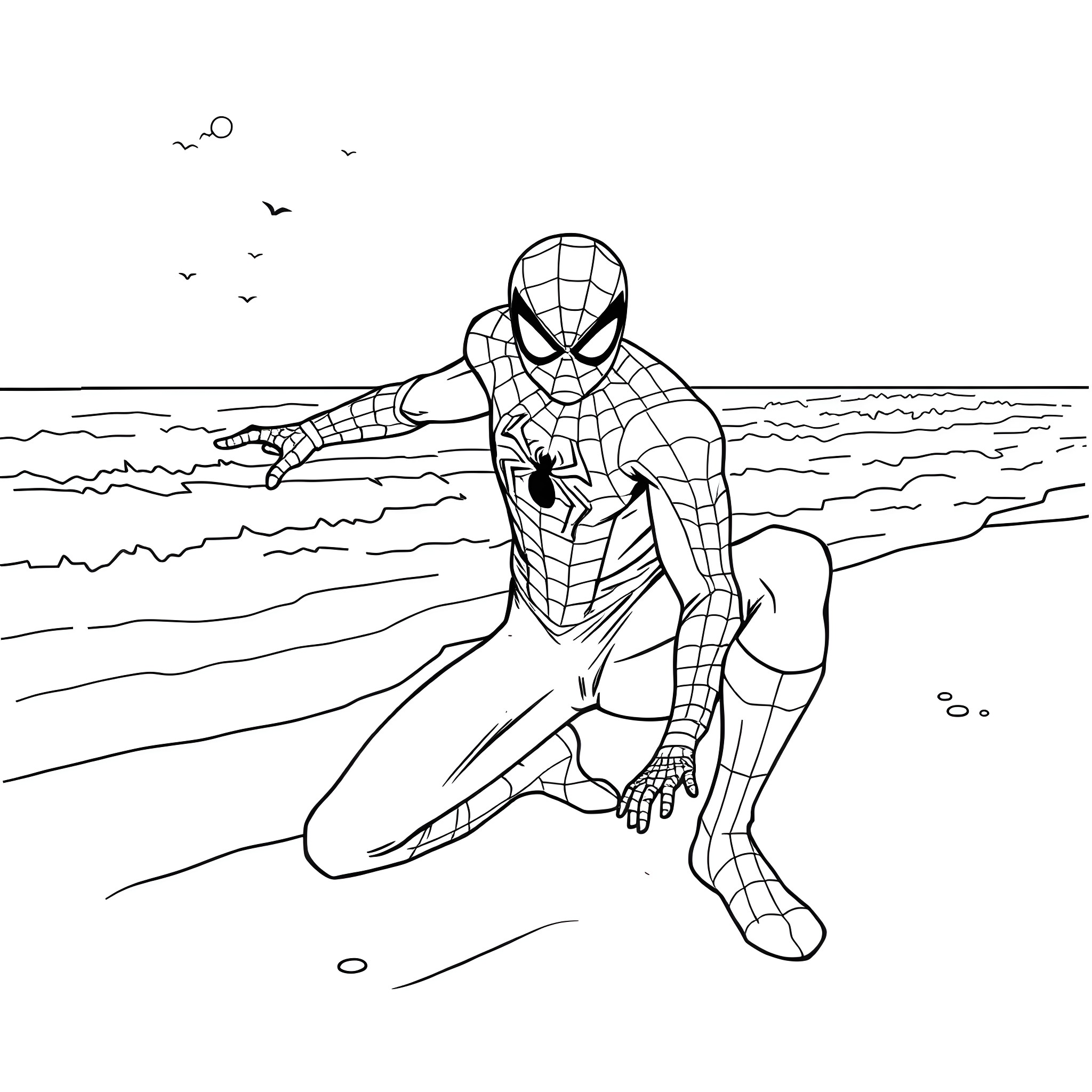 Spider-Man surfing on the waves Coloring Page (free black-and-white line drawing printable PDF for all, from beginners to advanced learners, including children, teens, adults, and seniors)