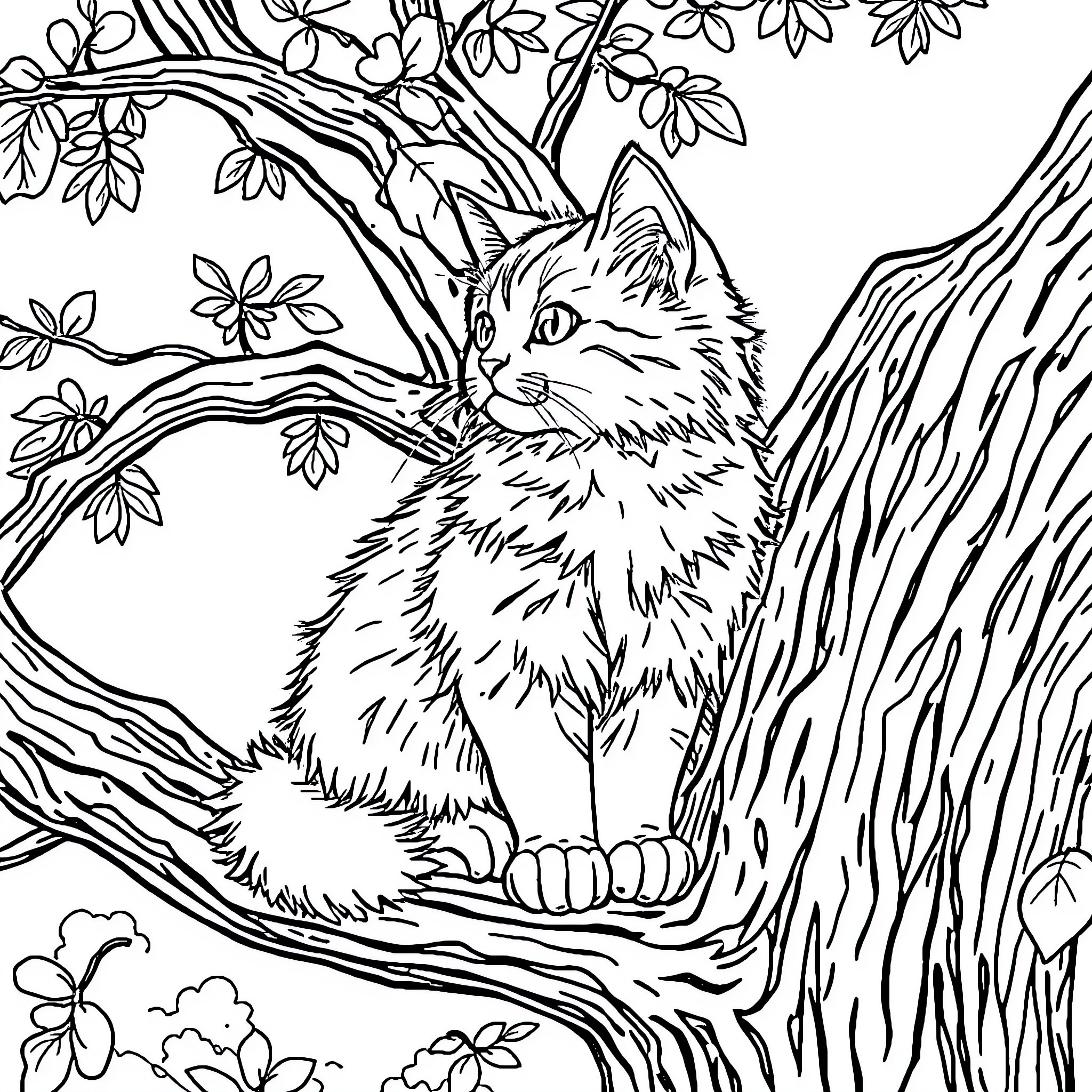Cat in the Woodland Scene Coloring Page (free black-and-white line drawing printable PDF for all, from beginners to advanced learners, including children, teens, adults, and seniors)
