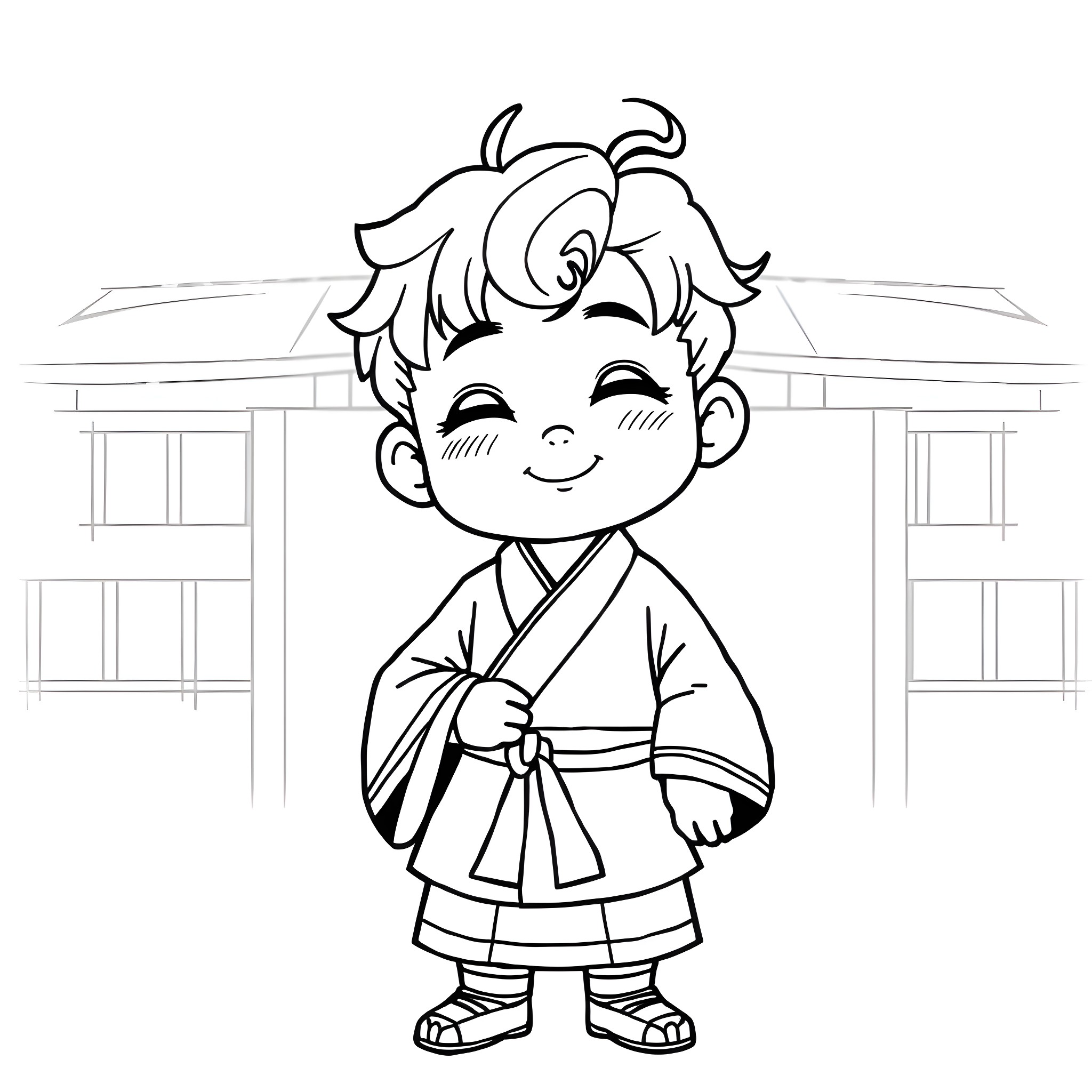 Kaname the Cheerful Samurai Boy Coloring Page (free black-and-white line drawing printable PDF for all, from beginners to advanced learners, including children, teens, adults, and seniors)