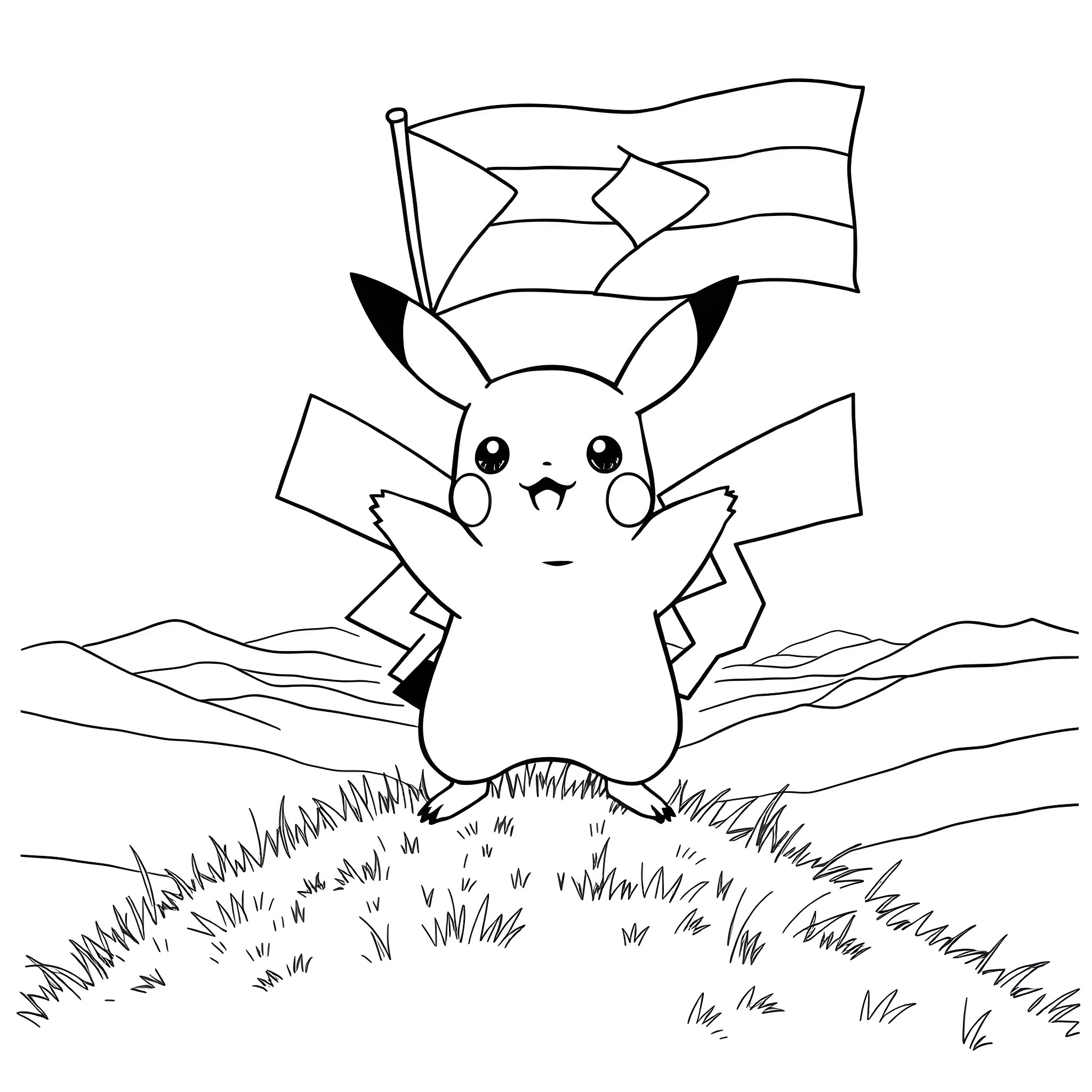 Pikachu waving a flag in a grassy field Coloring Page (free black-and-white line drawing printable PDF for all, from beginners to advanced learners, including children, teens, adults, and seniors)