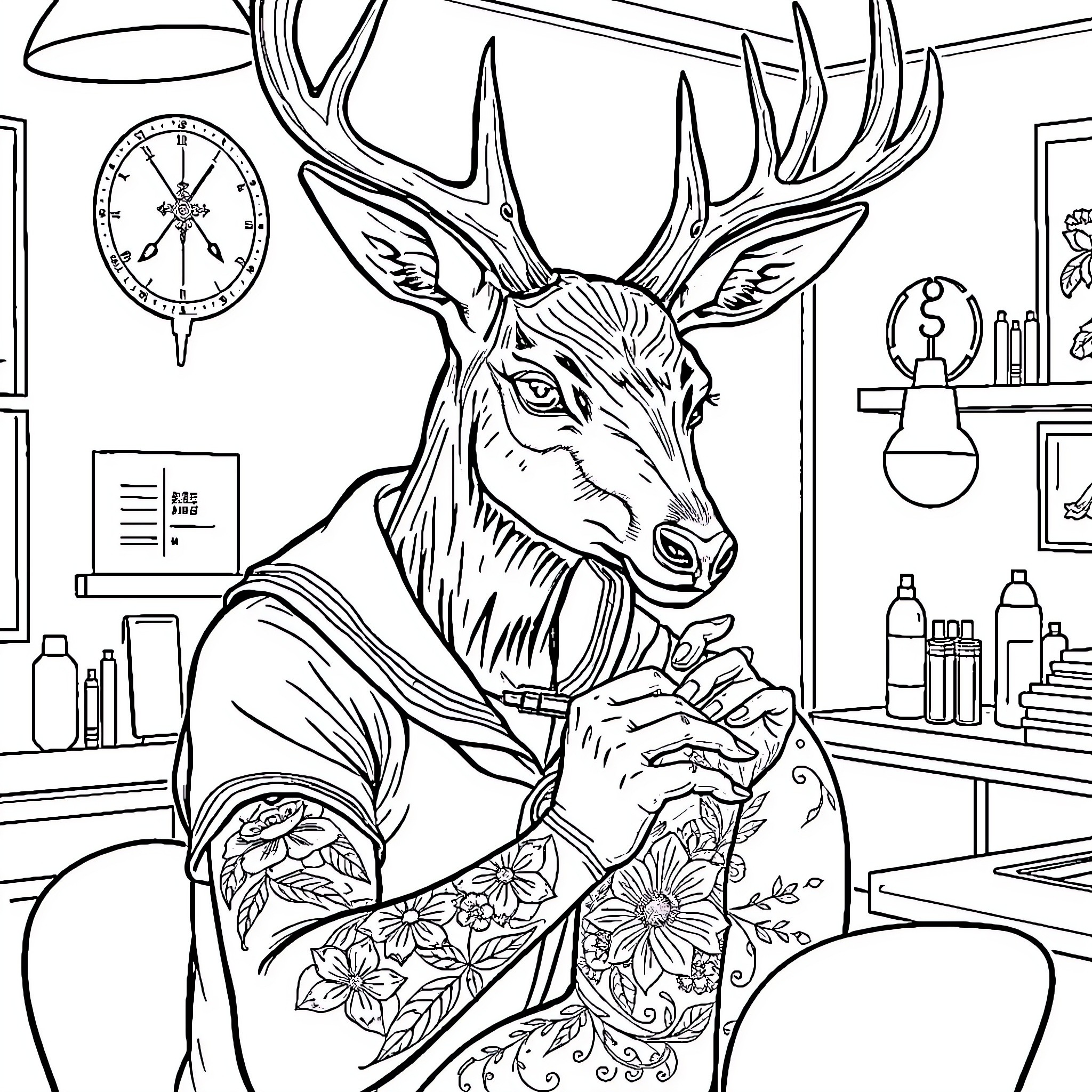 Deer in office outfit with floral tattoos Coloring Page (free black-and-white line drawing printable PDF for all, from beginners to advanced learners, including children, teens, adults, and seniors)