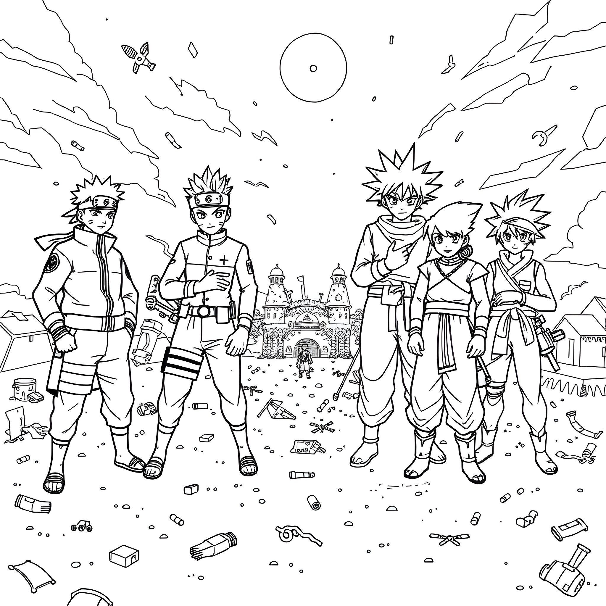Character Ensemble in an Action-Packed Anime Landscape Coloring Page (free black-and-white line drawing printable PDF for all, from beginners to advanced learners, including children, teens, adults, and seniors)