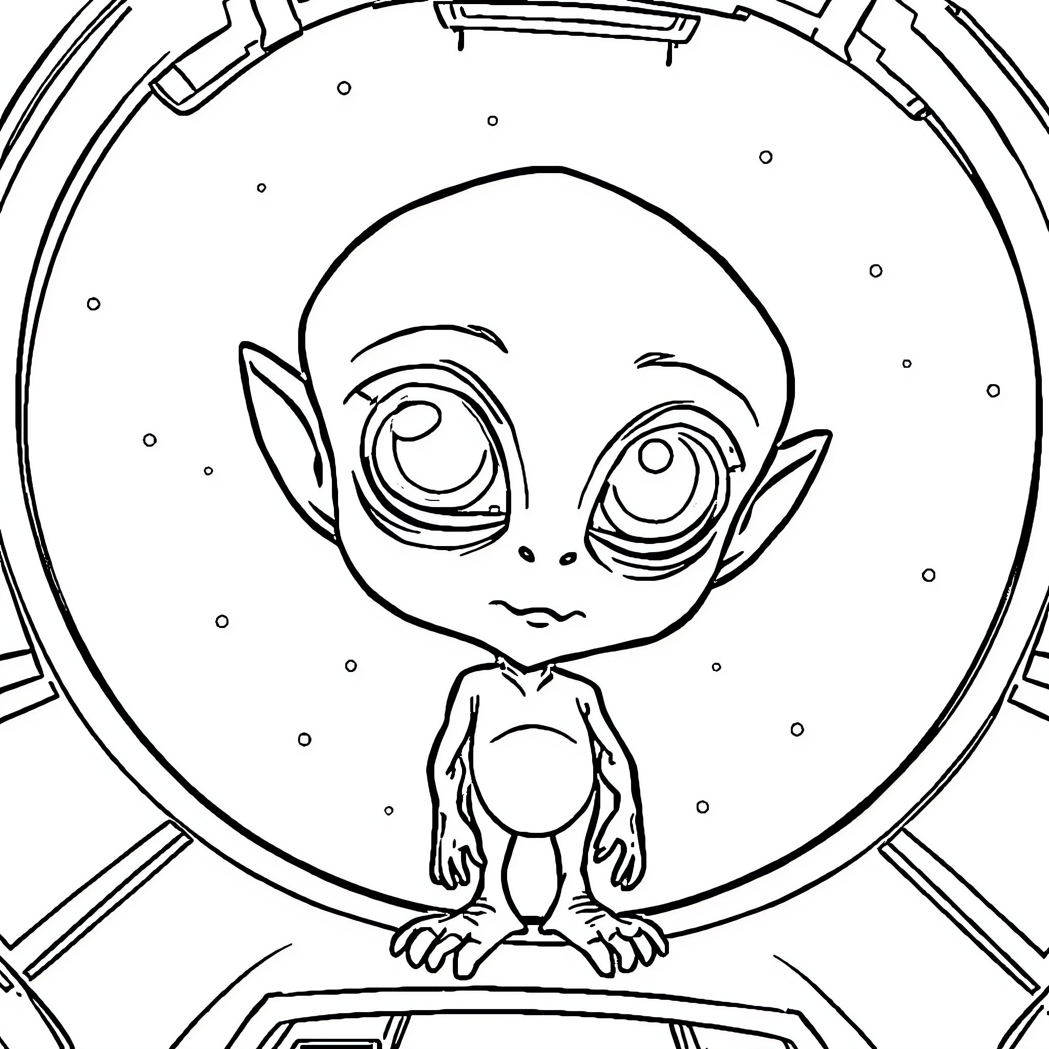 Alien looking curiously through a circular window Coloring Page (free black-and-white line drawing printable PDF for all, from beginners to advanced learners, including children, teens, adults, and seniors)