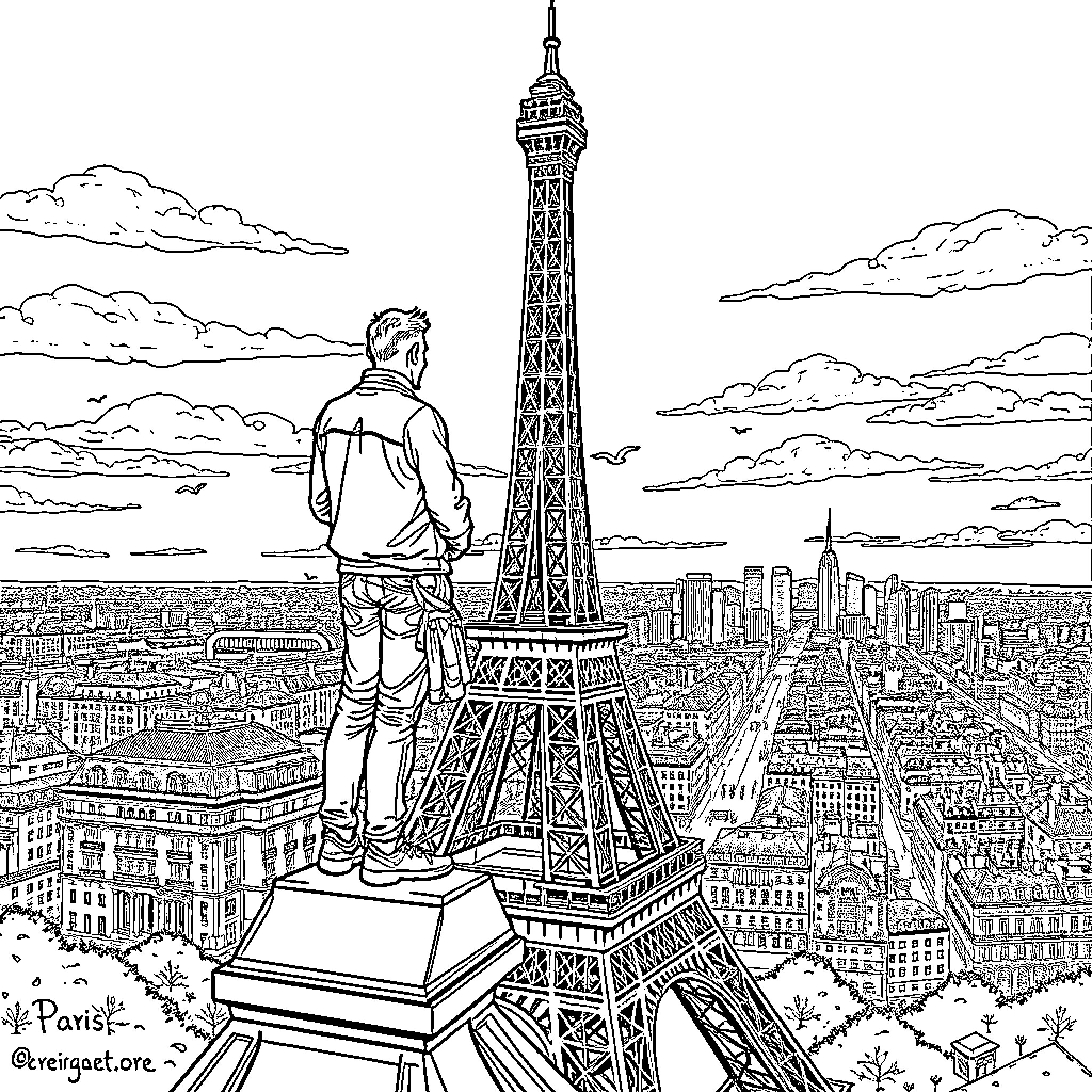Mgk Admiring the Eiffel Tower Cityscape Coloring Page (free black-and-white line drawing printable PDF for all, from beginners to advanced learners, including children, teens, adults, and seniors)