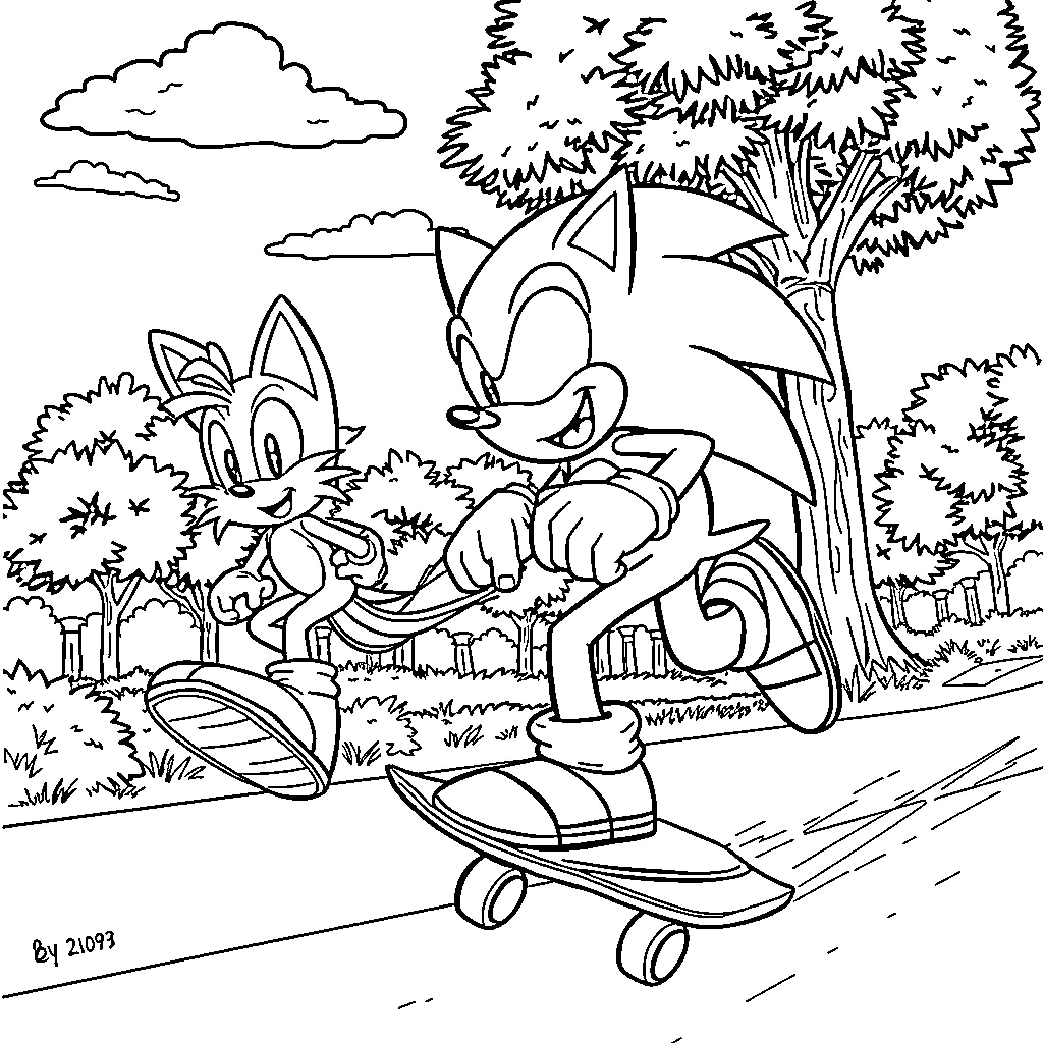 Sonic skateboarding with animal companion Coloring Page (free black-and-white line drawing printable PDF for all, from beginners to advanced learners, including children, teens, adults, and seniors)