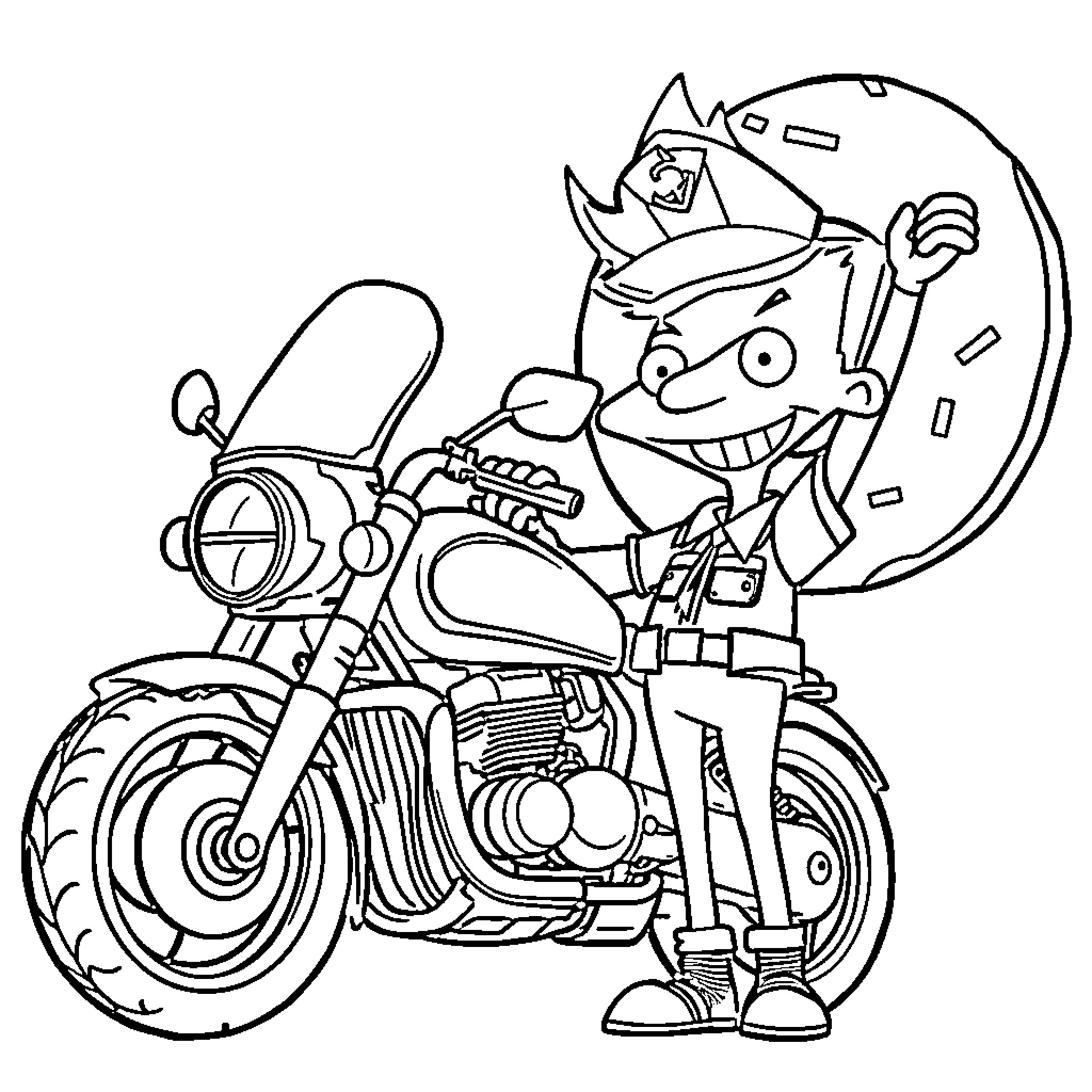 Hey Arnold riding a motorcycle with a clock Coloring Page (free black-and-white line drawing printable PDF for all, from beginners to advanced learners, including children, teens, adults, and seniors)