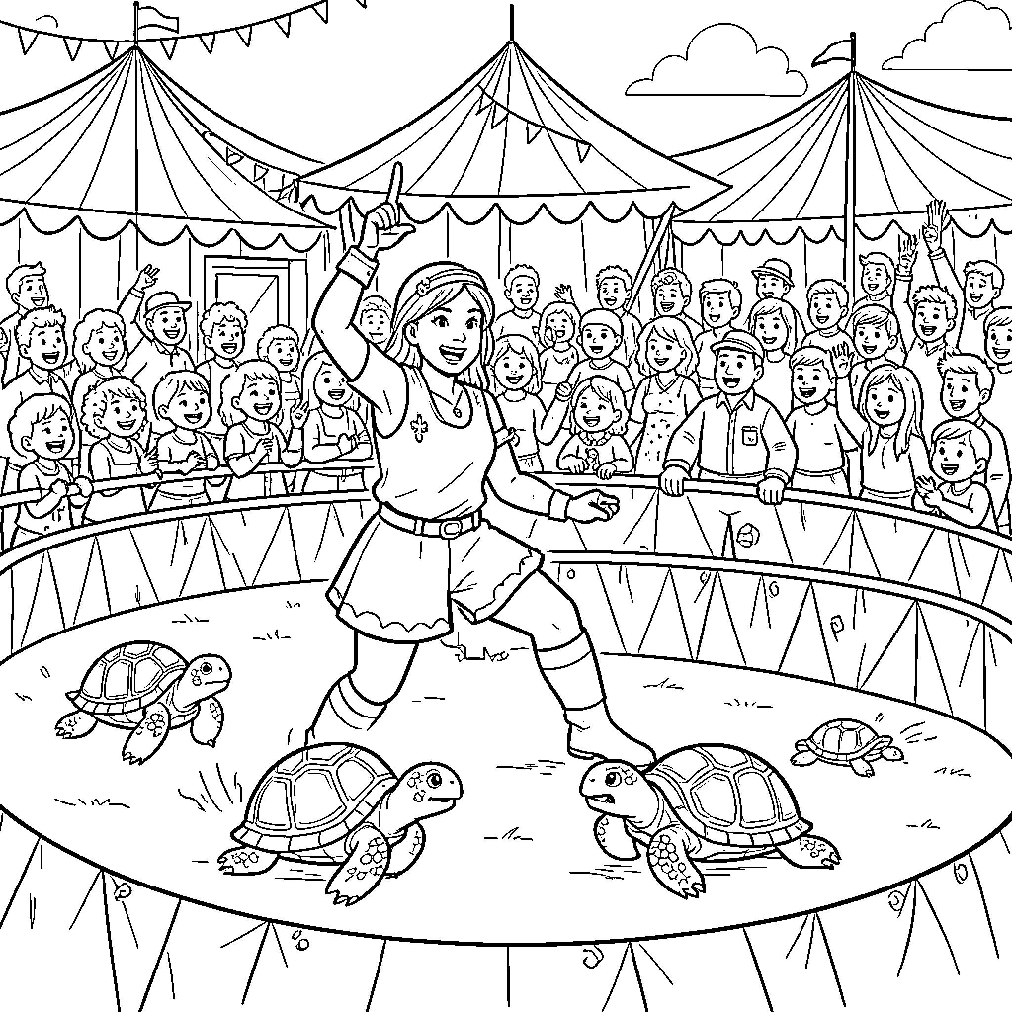 Turtle Performers Entertain Crowd at Circus Coloring Page (free black-and-white line drawing printable PDF for all, from beginners to advanced learners, including children, teens, adults, and seniors)