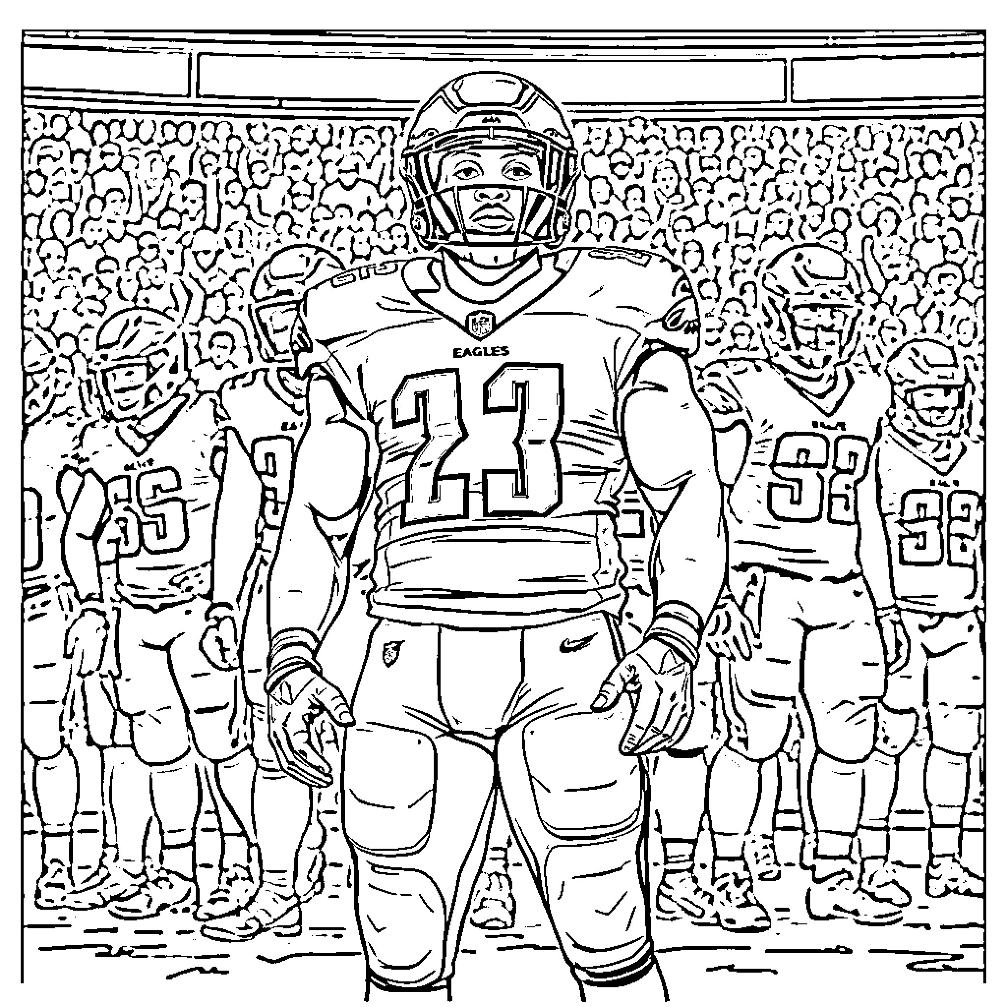Saquon Barkley leading his team on the field Coloring Page (free black-and-white line drawing printable PDF for all, from beginners to advanced learners, including children, teens, adults, and seniors)