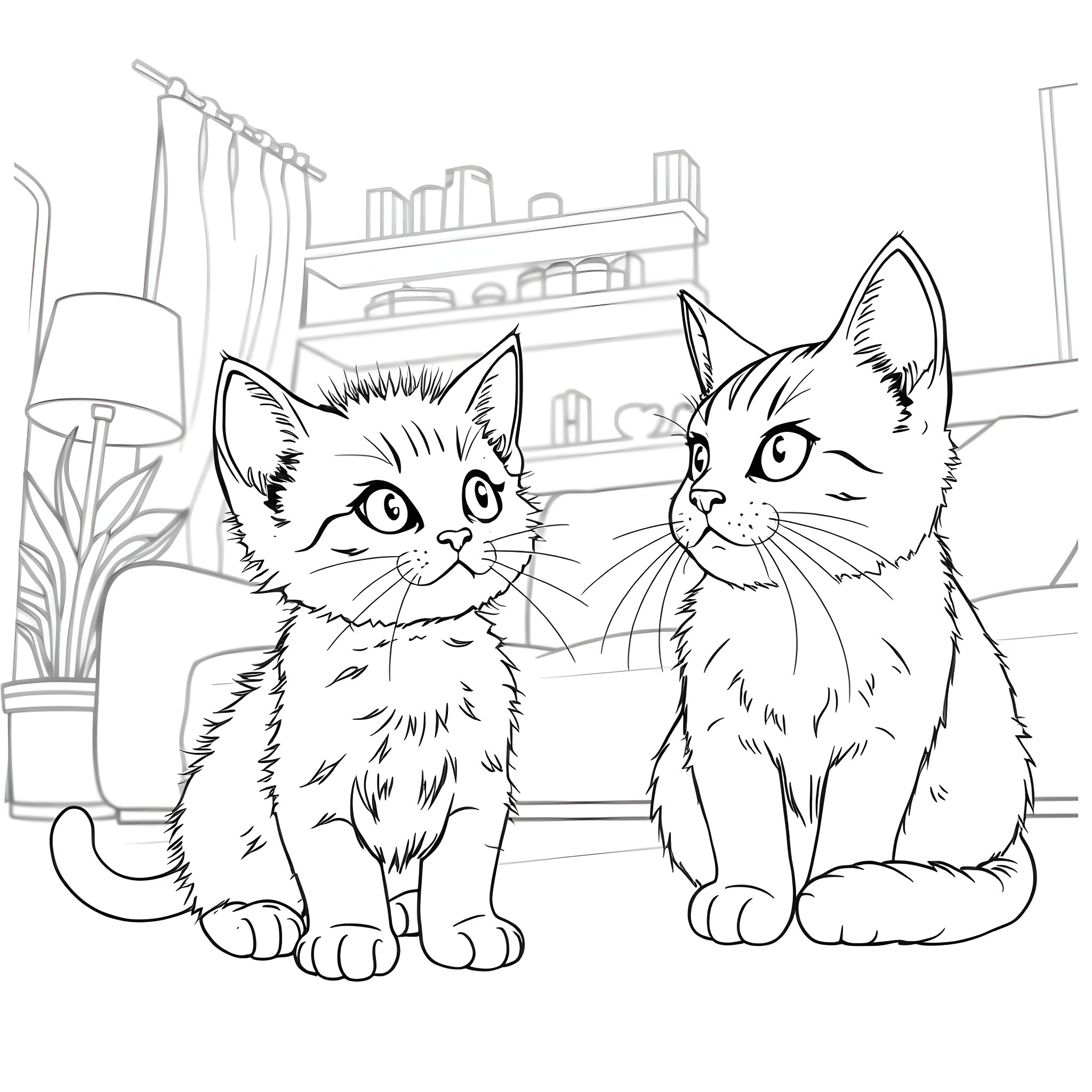 Kittens exploring cozy indoor scene Coloring Page (free black-and-white line drawing printable PDF for all, from beginners to advanced learners, including children, teens, adults, and seniors)