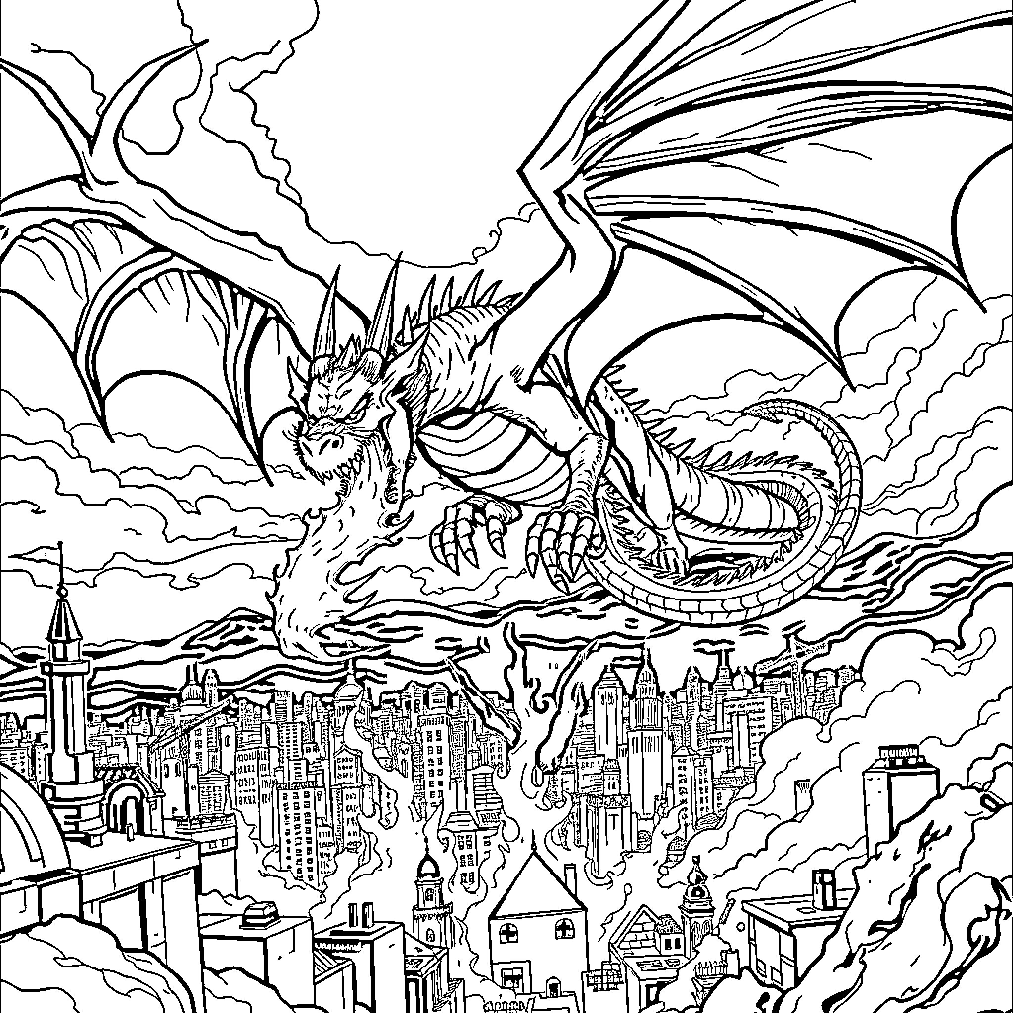 Dragon soaring over fantastical city in the clouds Coloring Page (free black-and-white line drawing printable PDF for all, from beginners to advanced learners, including children, teens, adults, and seniors)