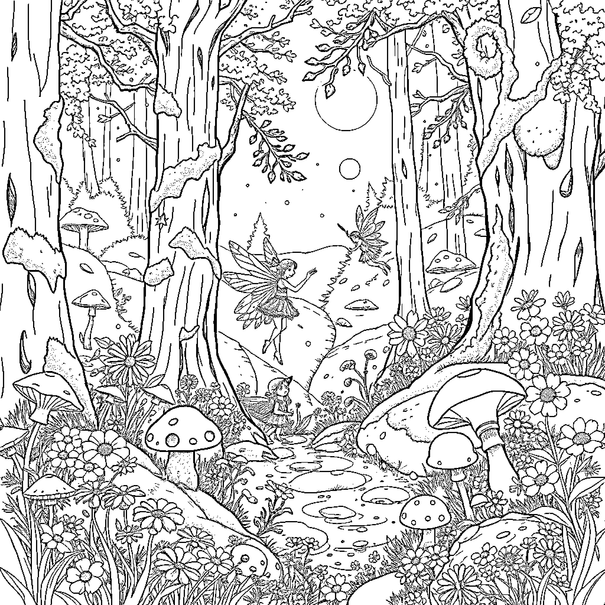 Fairy Creatures Frolicking in the Enchanted Forest Coloring Page (free black-and-white line drawing printable PDF for all, from beginners to advanced learners, including children, teens, adults, and seniors)