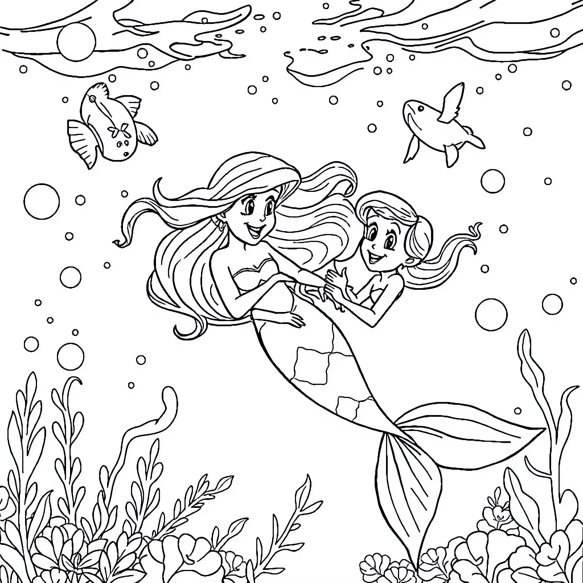 Mermaid sisters exploring the underwater world Coloring Page (free black-and-white line drawing printable PDF for all, from beginners to advanced learners, including children, teens, adults, and seniors)