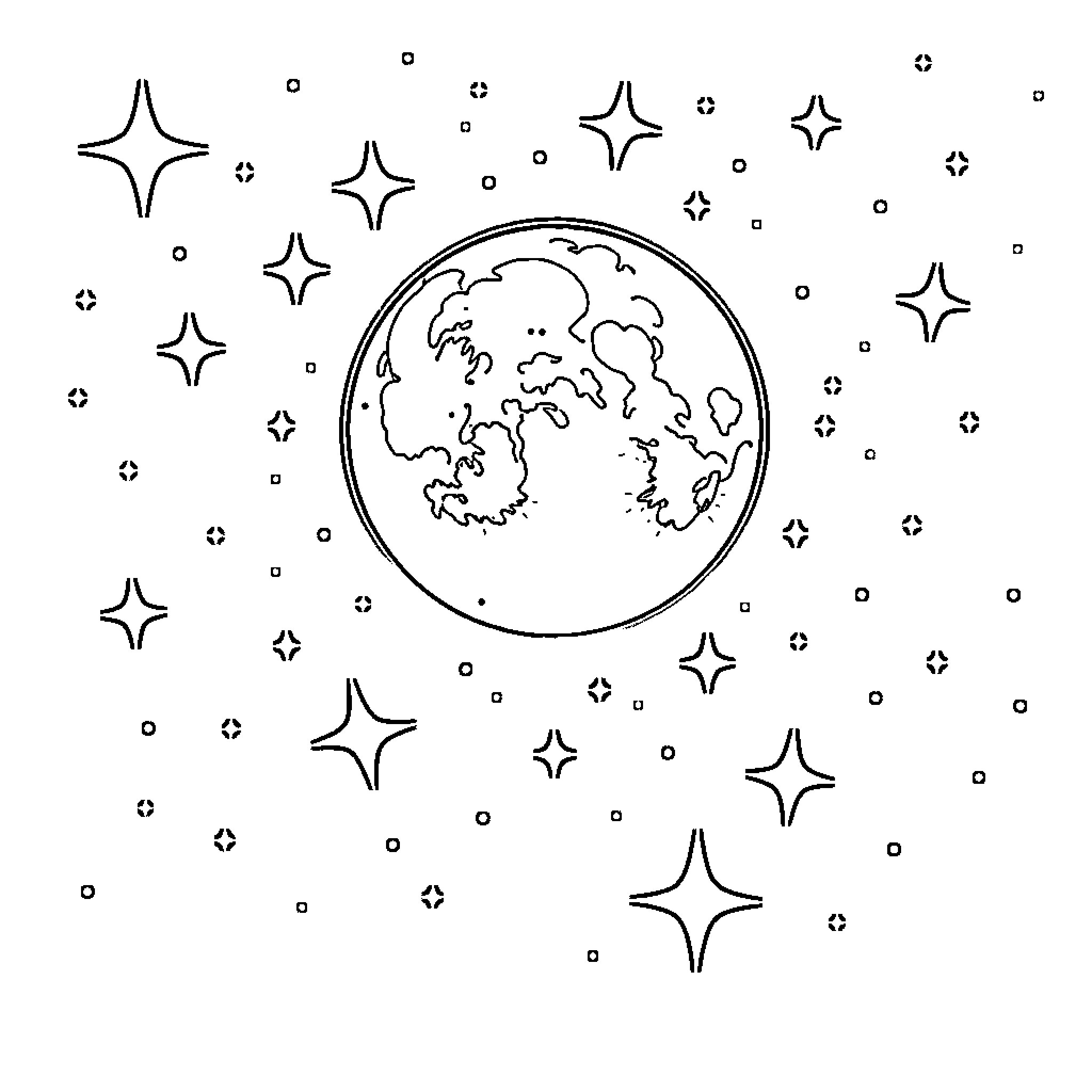 Moon and Star Filled Nighttime Sky Coloring Page (free black-and-white line drawing printable PDF for all, from beginners to advanced learners, including children, teens, adults, and seniors)