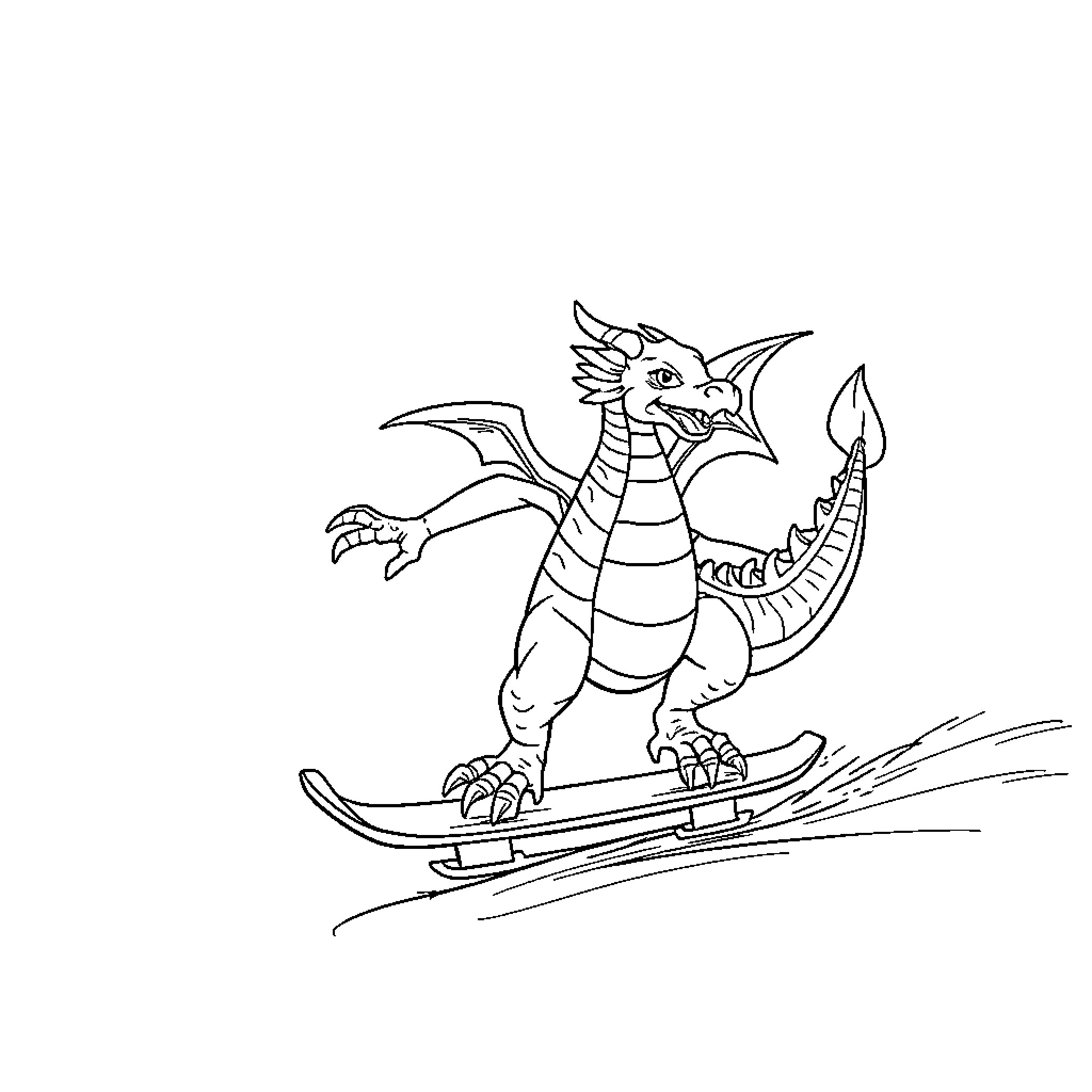 Dragon Sledding Down a Snowy Hill Coloring Page (free black-and-white line drawing printable PDF for all, from beginners to advanced learners, including children, teens, adults, and seniors)
