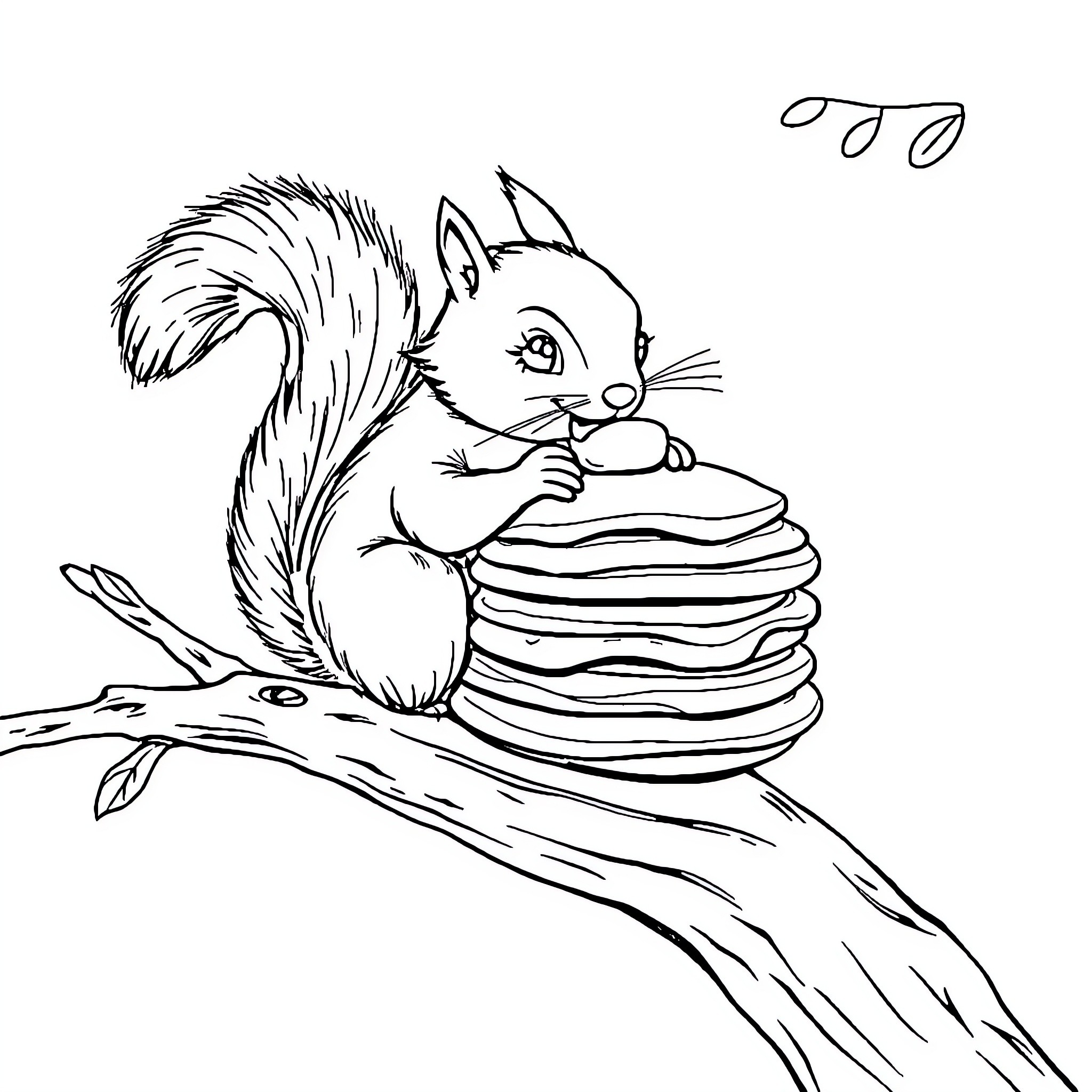 Squirrel enjoying a stack of pancakes Coloring Page (free black-and-white line drawing printable PDF for all, from beginners to advanced learners, including children, teens, adults, and seniors)