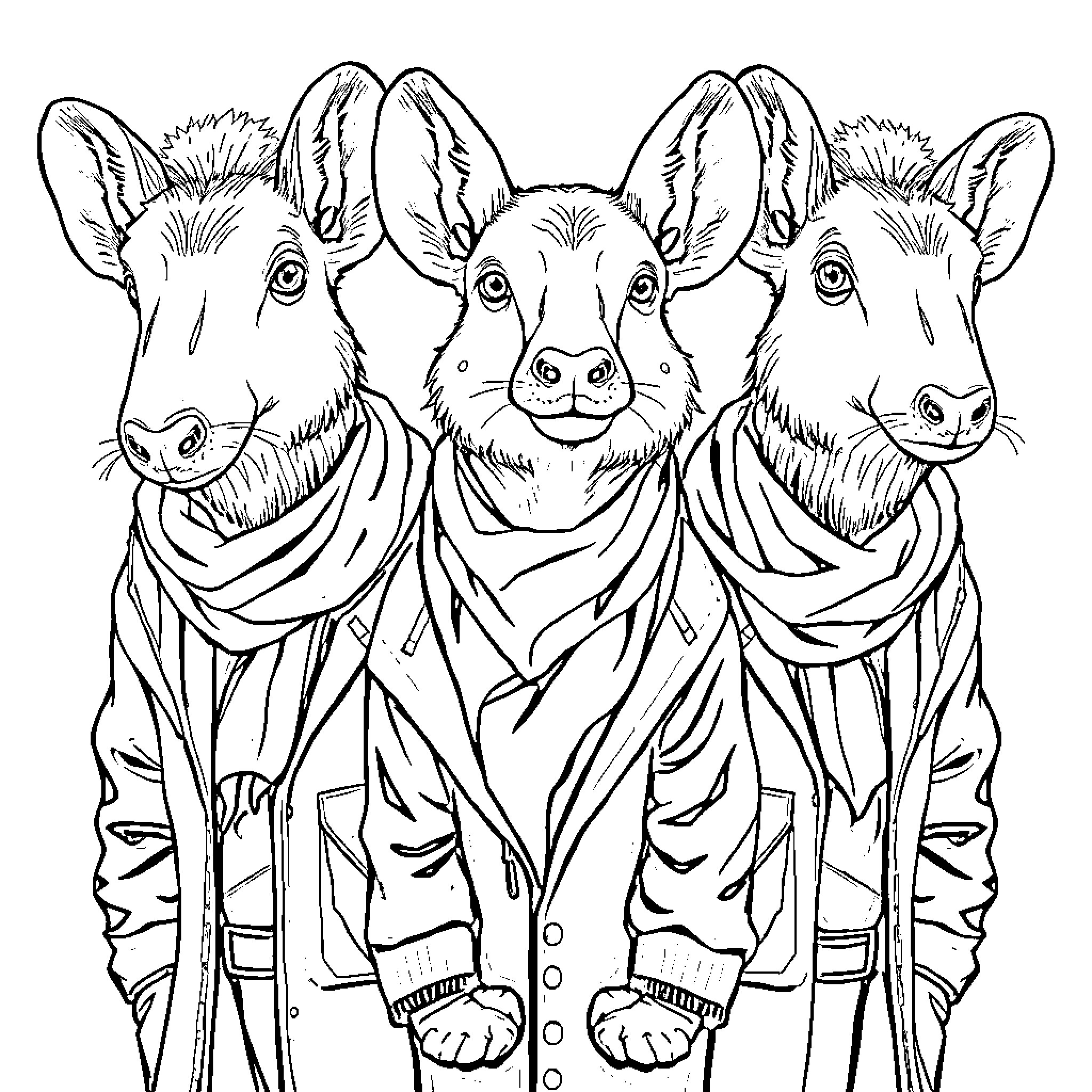 Animal trio wearing formal attire Coloring Page (free black-and-white line drawing printable PDF for all, from beginners to advanced learners, including children, teens, adults, and seniors)