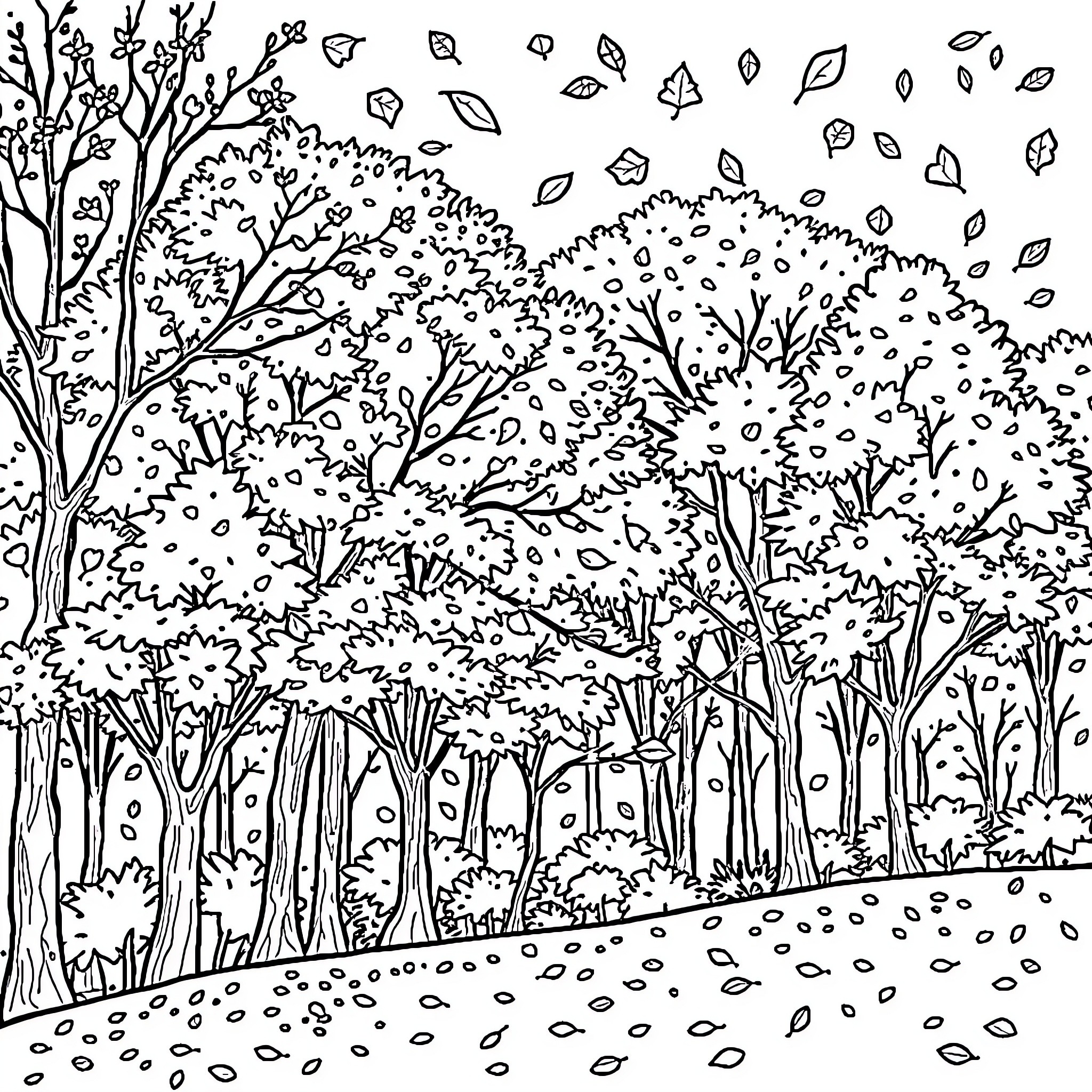 Fall foliage in the forest Coloring Page (free black-and-white line drawing printable PDF for all, from beginners to advanced learners, including children, teens, adults, and seniors)