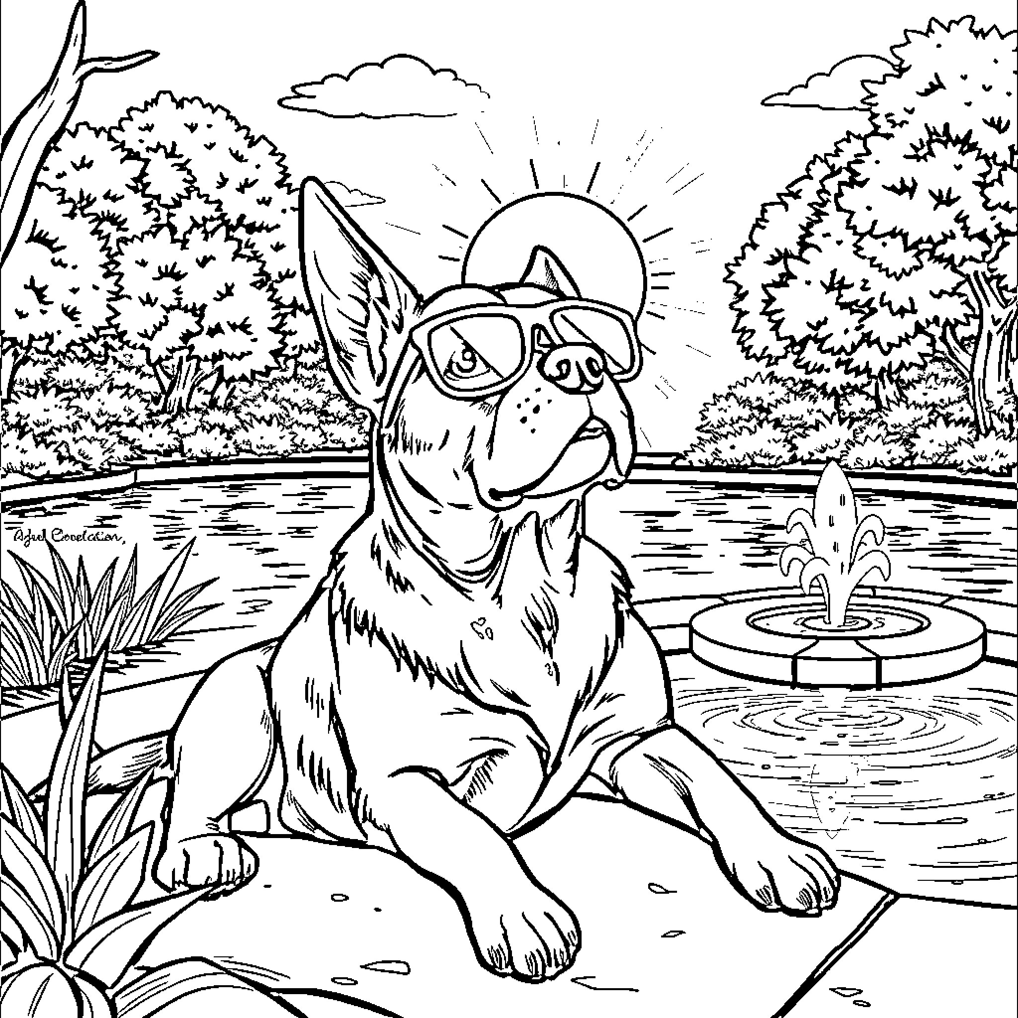 Perro relajándose en el parque con vista al estanque Coloring Page (free black-and-white line drawing printable PDF for all, from beginners to advanced learners, including children, teens, adults, and seniors)