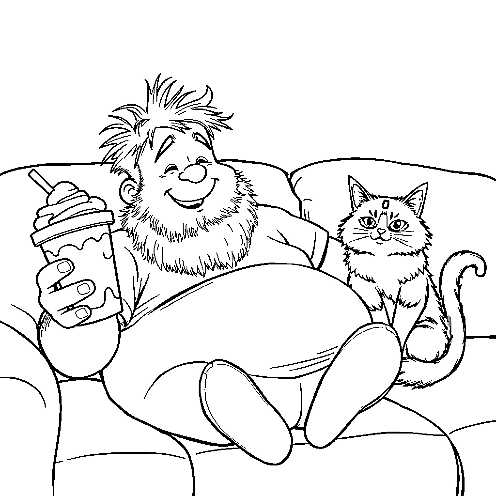 Man relaxing with cat on sofa Coloring Page (free black-and-white line drawing printable PDF for all, from beginners to advanced learners, including children, teens, adults, and seniors)