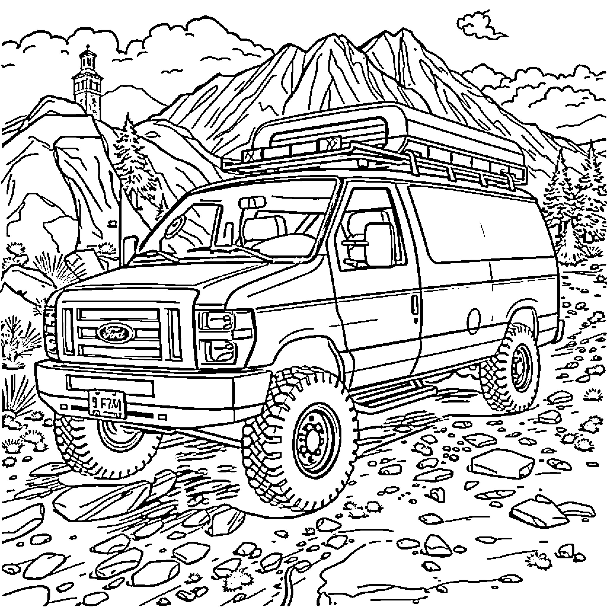 Van traversing rugged mountain terrain Coloring Page (free black-and-white line drawing printable PDF for all, from beginners to advanced learners, including children, teens, adults, and seniors)
