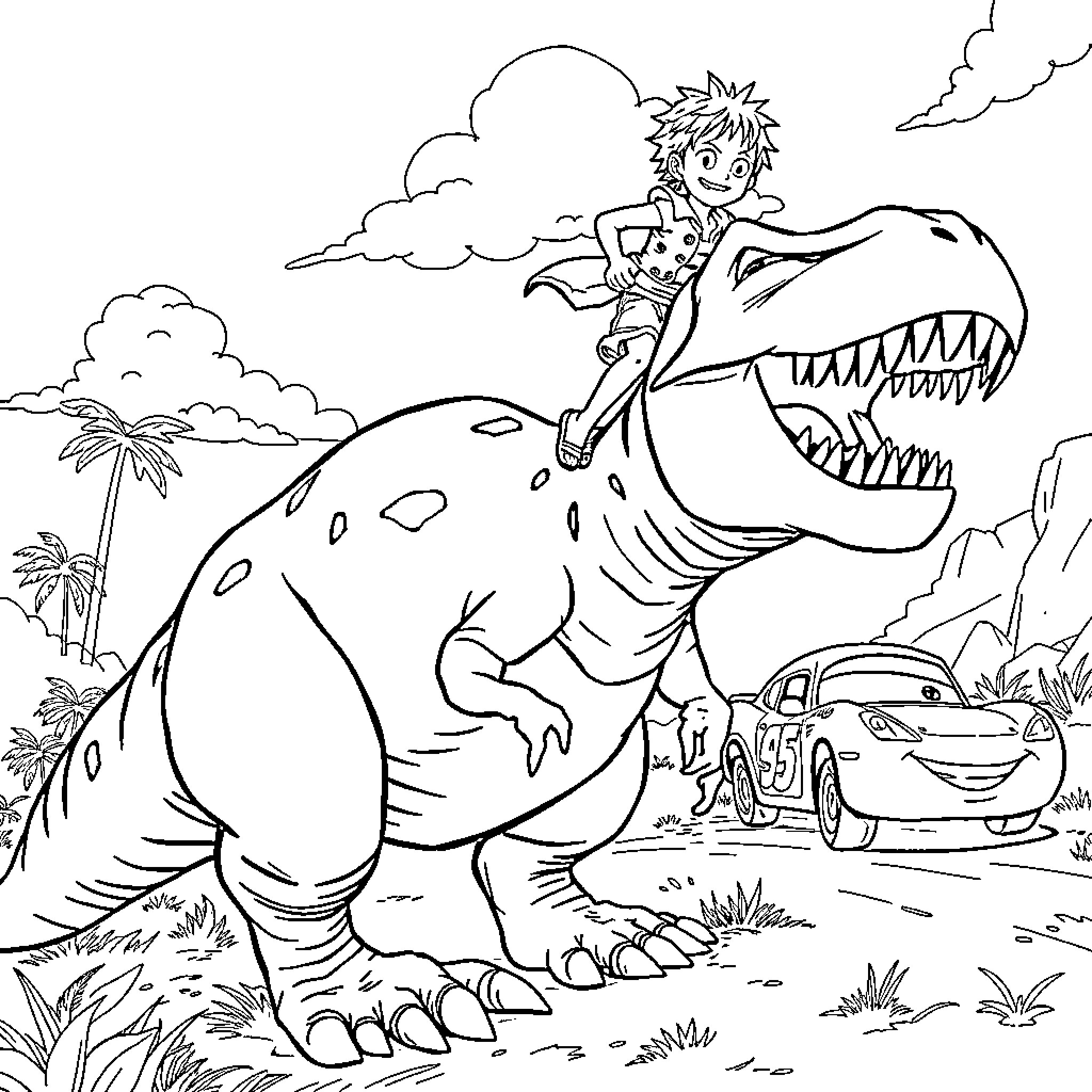 Luffy's Jurassic Adventure with Dinosaur and Car Coloring Page (free black-and-white line drawing printable PDF for all, from beginners to advanced learners, including children, teens, adults, and seniors)