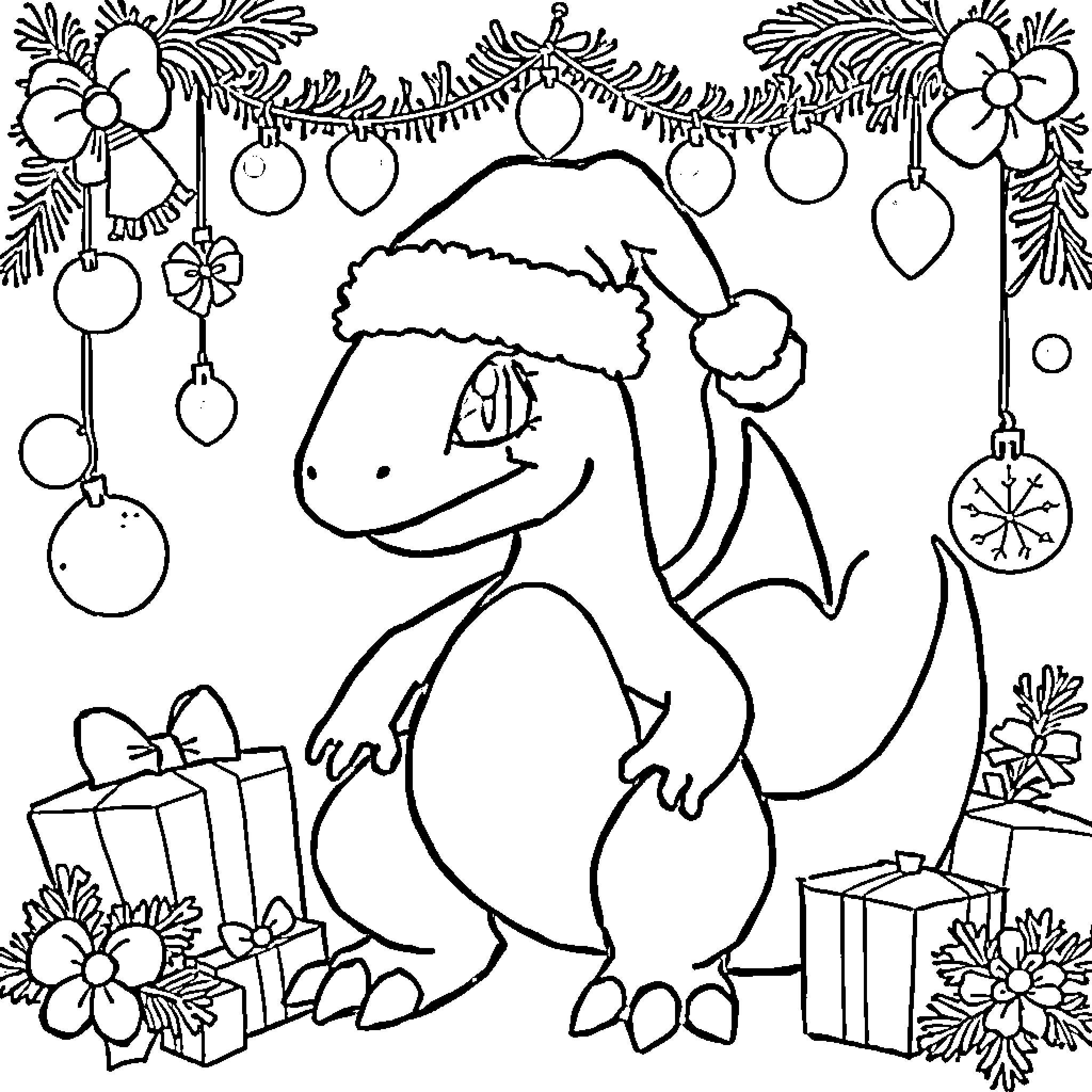 Charizard celebrating Christmas with decorations Coloring Page (free black-and-white line drawing printable PDF for all, from beginners to advanced learners, including children, teens, adults, and seniors)