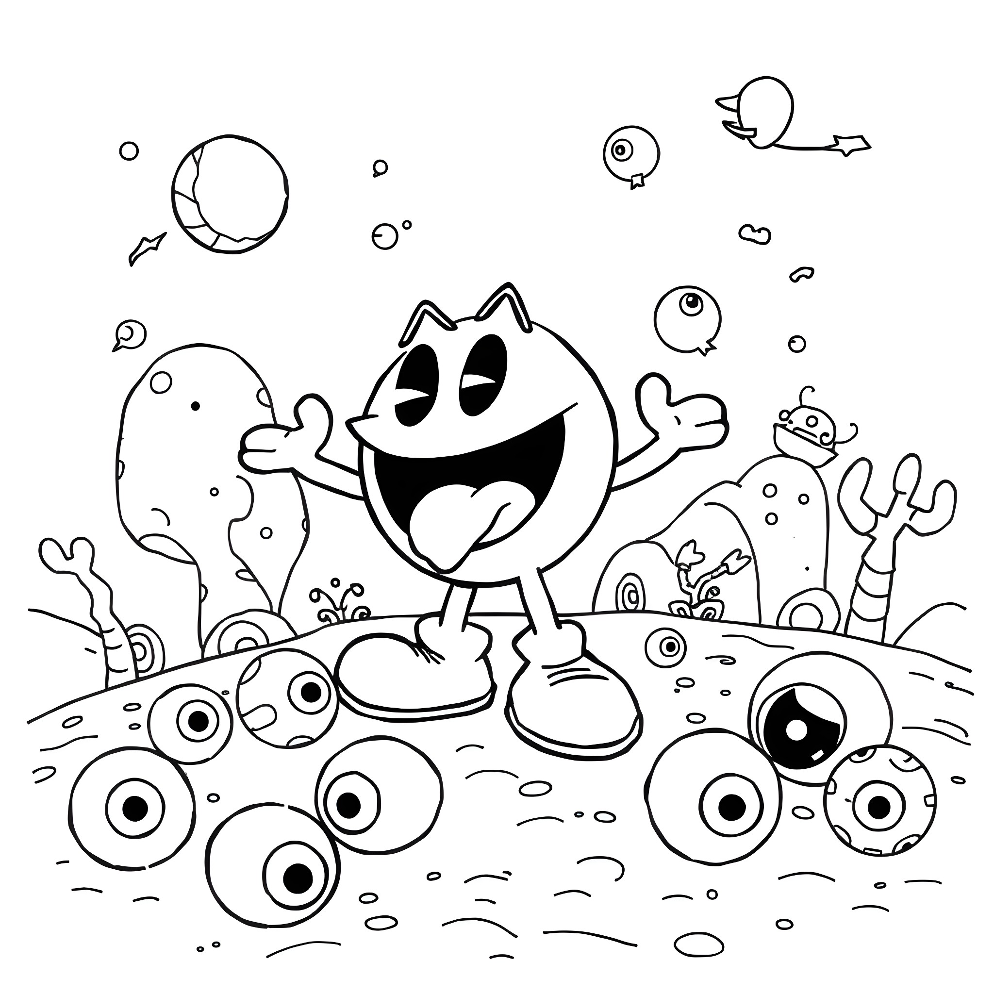Pac-Man exploring a whimsical world with quirky characters Coloring Page (free black-and-white line drawing printable PDF for all, from beginners to advanced learners, including children, teens, adults, and seniors)