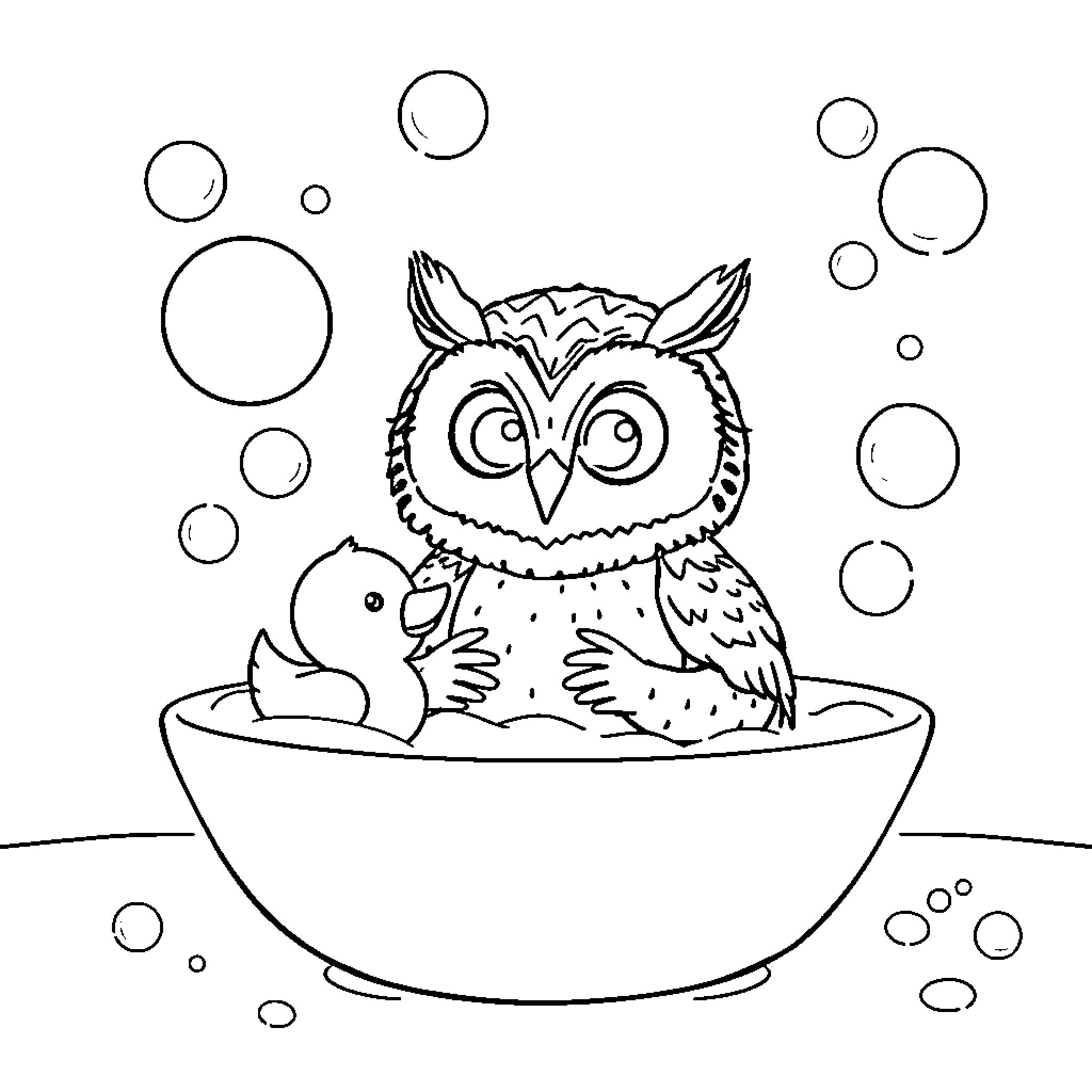 Hunter owl playing with duck in bowl Coloring Page (free black-and-white line drawing printable PDF for all, from beginners to advanced learners, including children, teens, adults, and seniors)