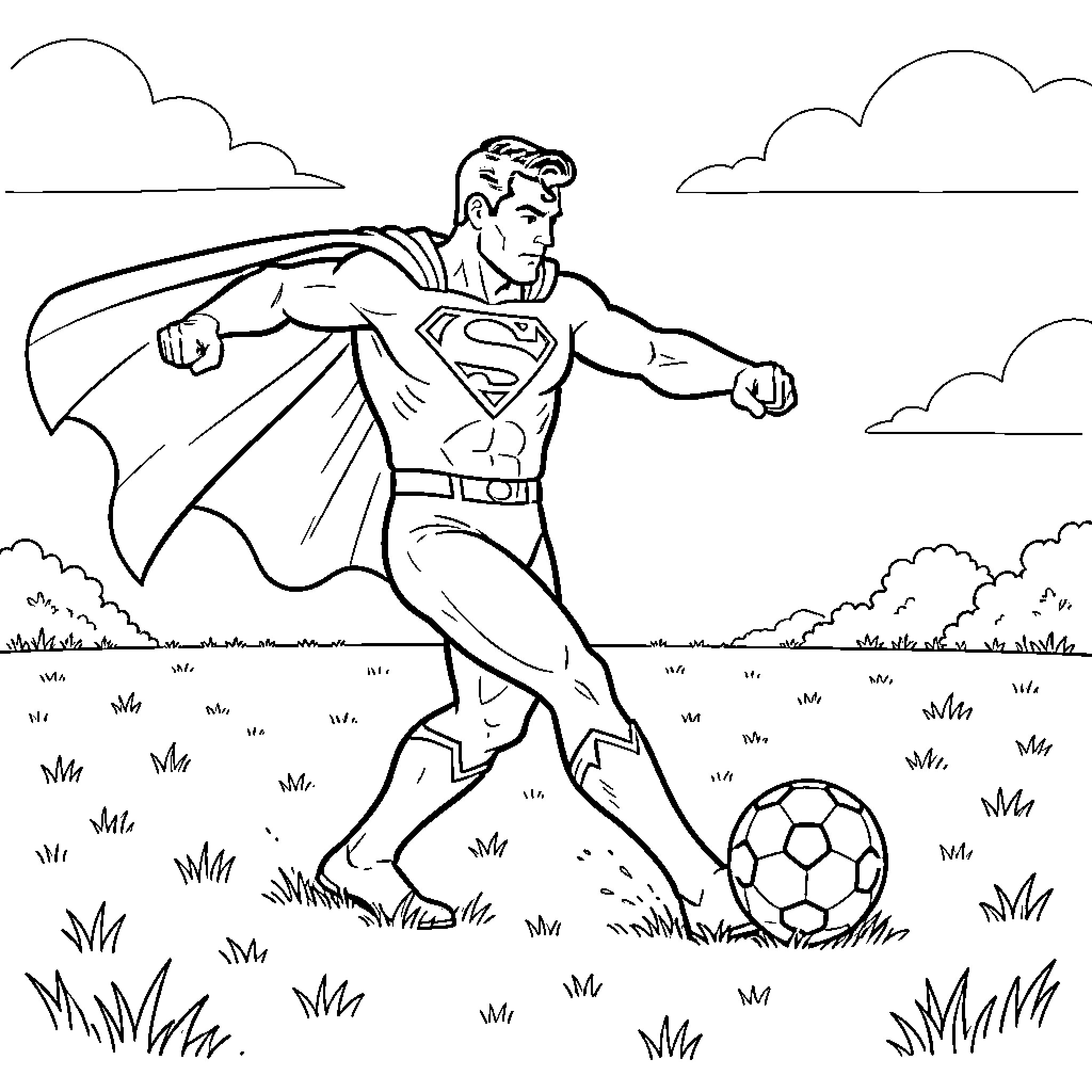 Superman kicking a soccer ball in a field Coloring Page (free black-and-white line drawing printable PDF for all, from beginners to advanced learners, including children, teens, adults, and seniors)