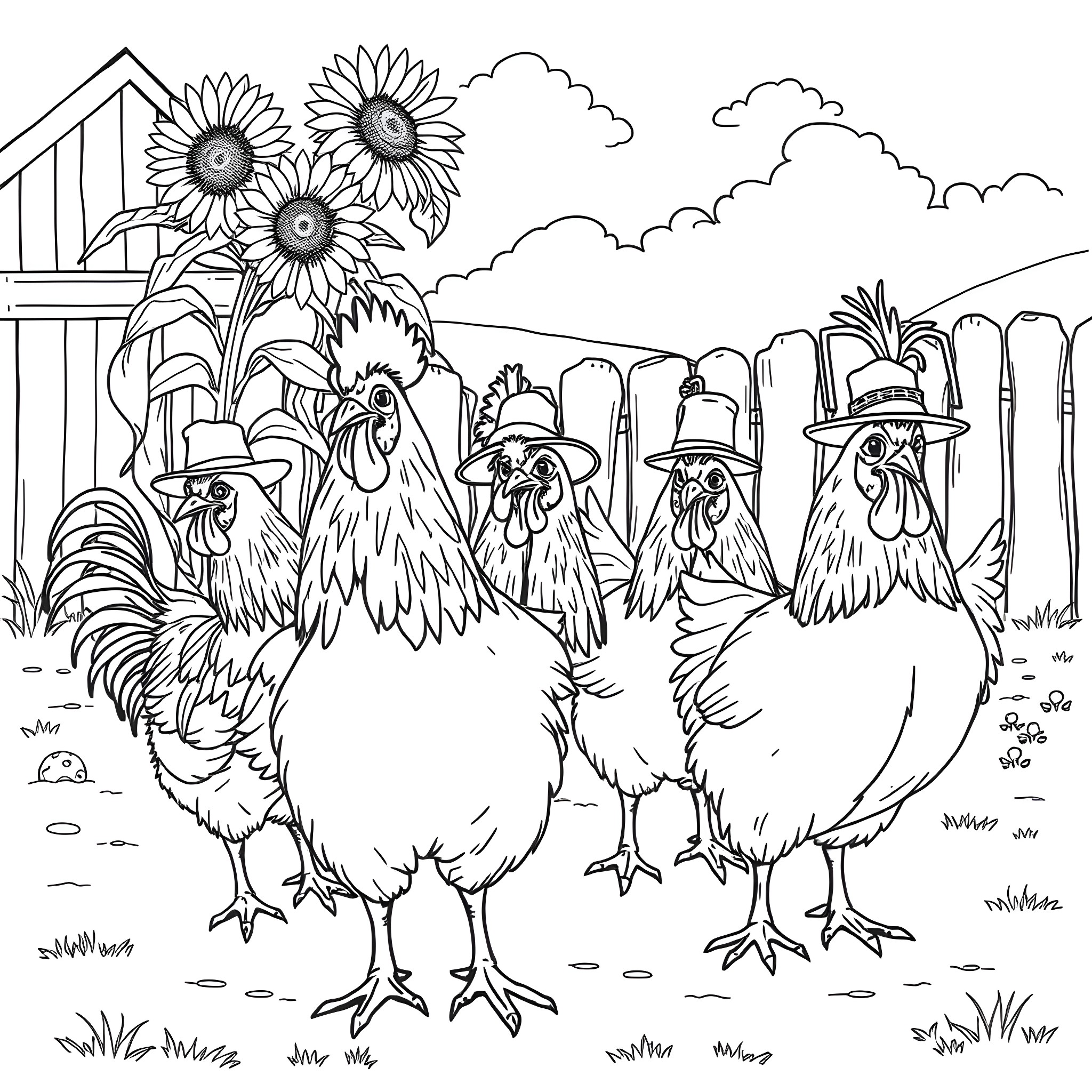 Chicken flock enjoying the sunflowers in the backyard Coloring Page (free black-and-white line drawing printable PDF for all, from beginners to advanced learners, including children, teens, adults, and seniors)