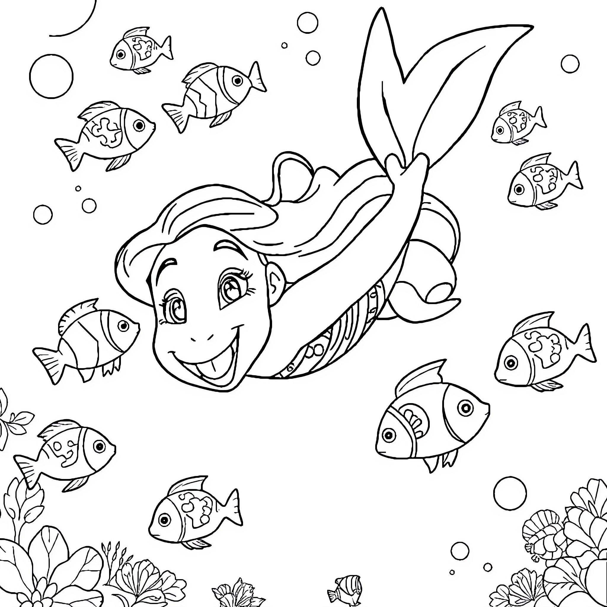 Moana swimming with underwater sea creatures Coloring Page (free black-and-white line drawing printable PDF for all, from beginners to advanced learners, including children, teens, adults, and seniors)