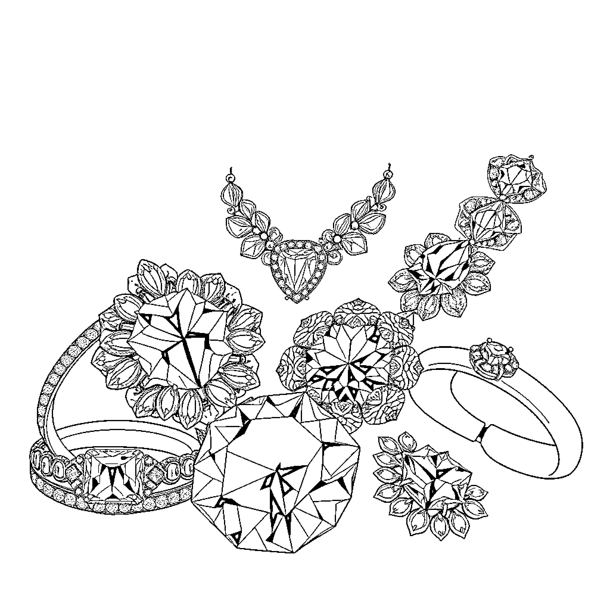 Bijoux displaying an elegant collection of sparkling gemstone jewelry Coloring Page (free black-and-white line drawing printable PDF for all, from beginners to advanced learners, including children, teens, adults, and seniors)