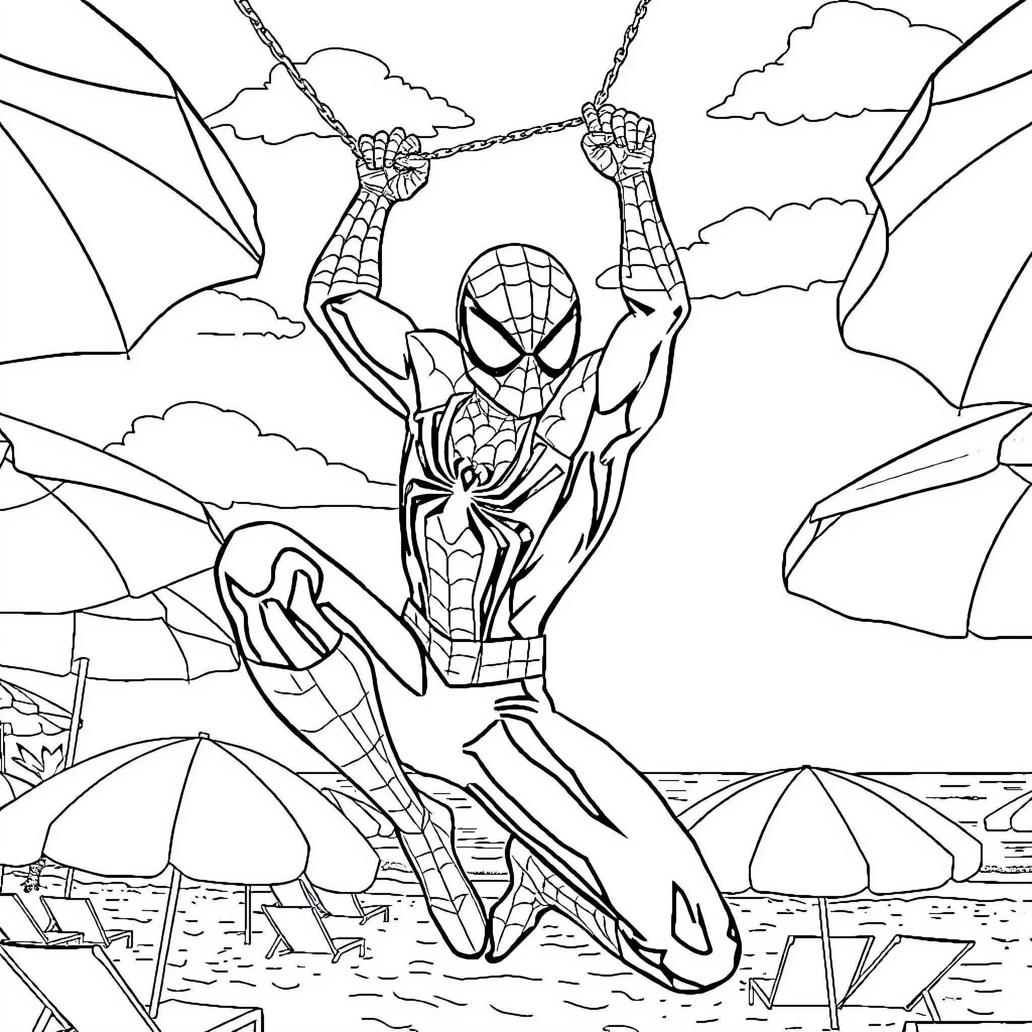 Spider-Man swinging through the city skyline Coloring Page (free black-and-white line drawing printable PDF for all, from beginners to advanced learners, including children, teens, adults, and seniors)