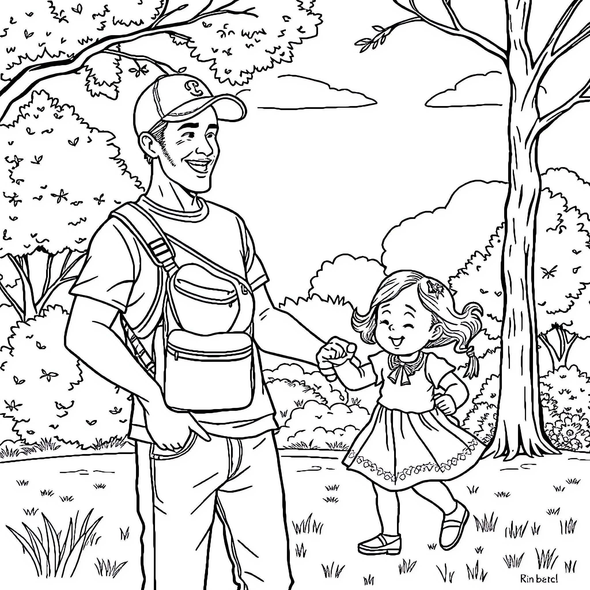 Dad and Daughter Enjoy Outdoor Adventure Coloring Page (free black-and-white line drawing printable PDF for all, from beginners to advanced learners, including children, teens, adults, and seniors)