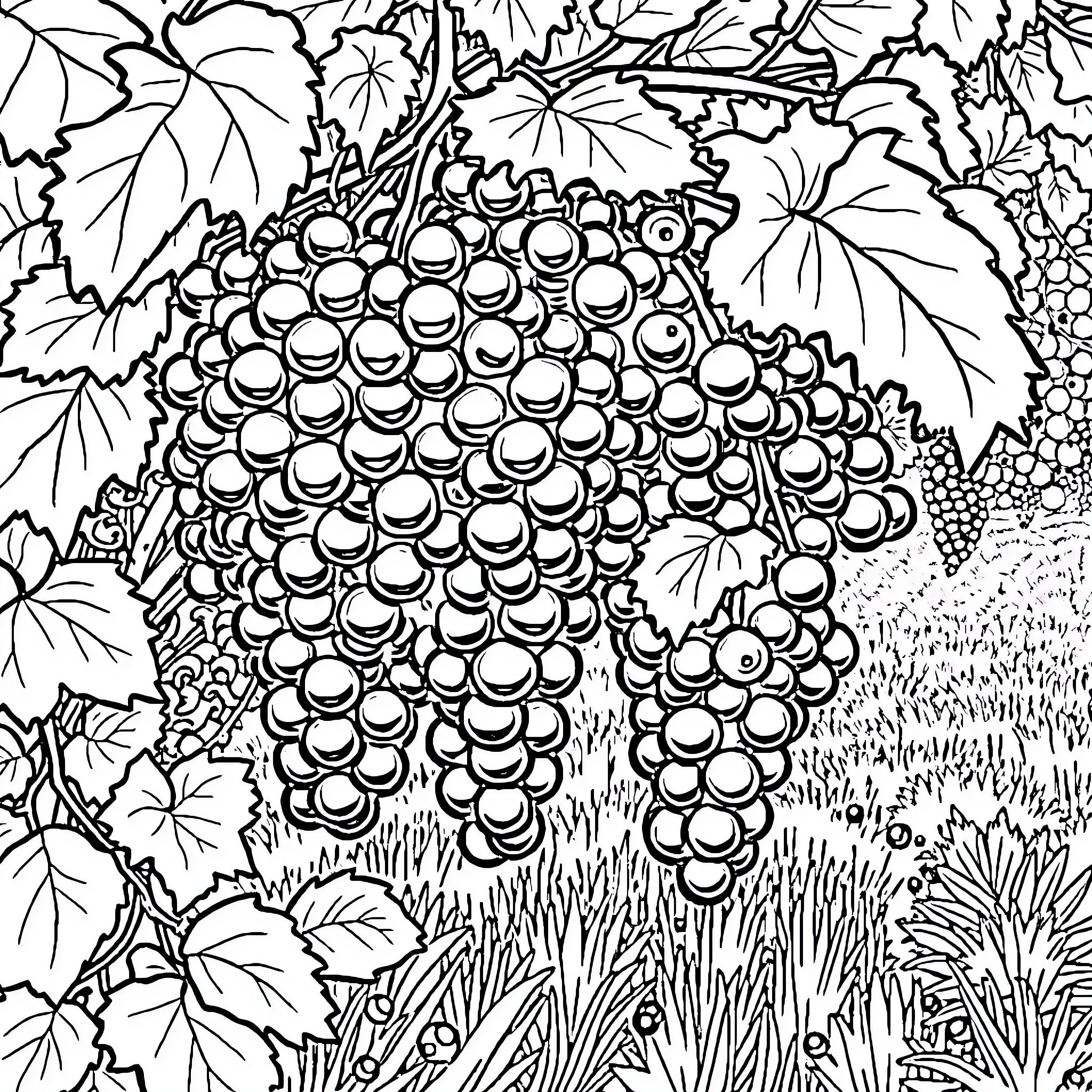 Vendanges: Bountiful grape harvest amid lush foliage Coloring Page (free black-and-white line drawing printable PDF for all, from beginners to advanced learners, including children, teens, adults, and seniors)