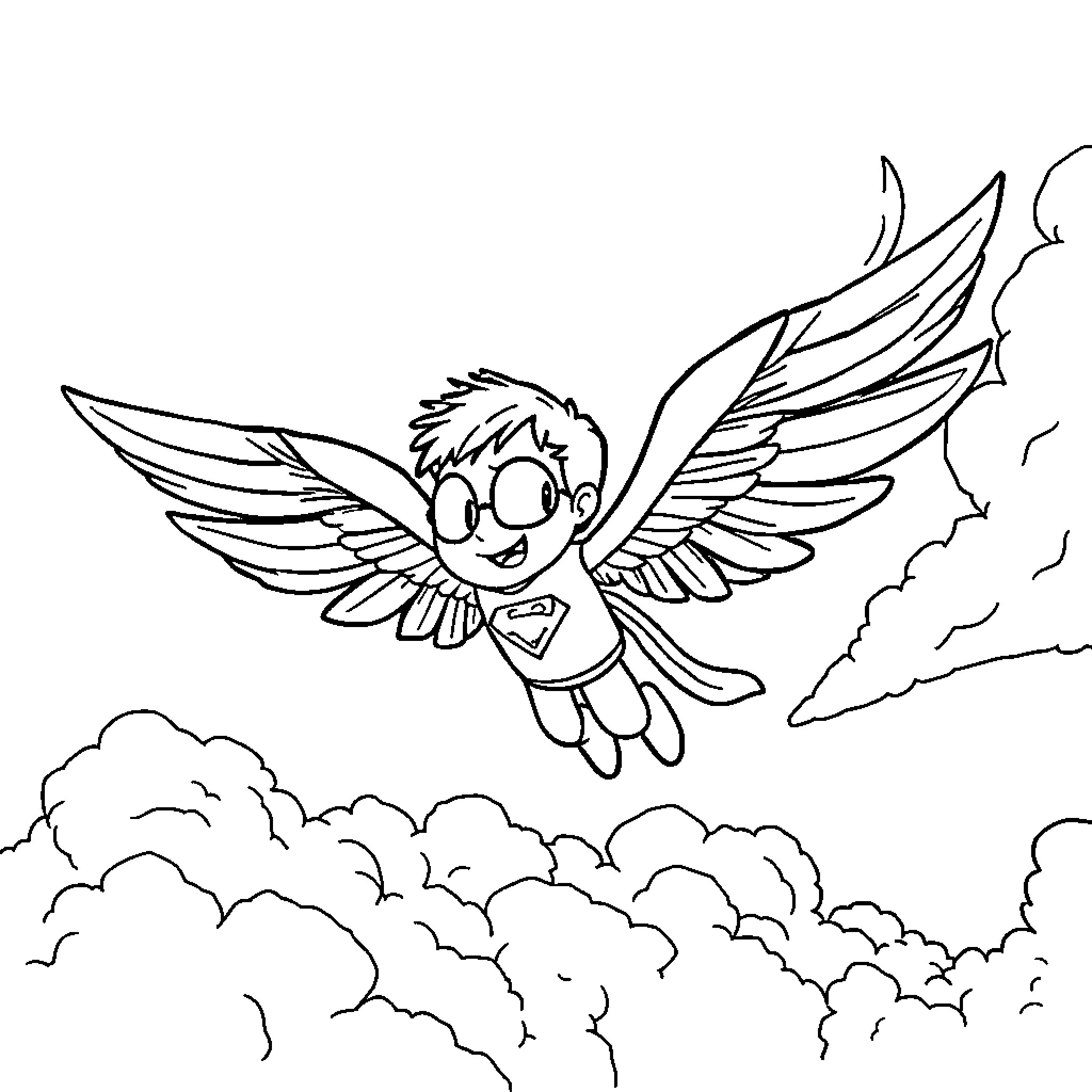 Super Wings character soaring through the clouds Coloring Page (free black-and-white line drawing printable PDF for all, from beginners to advanced learners, including children, teens, adults, and seniors)