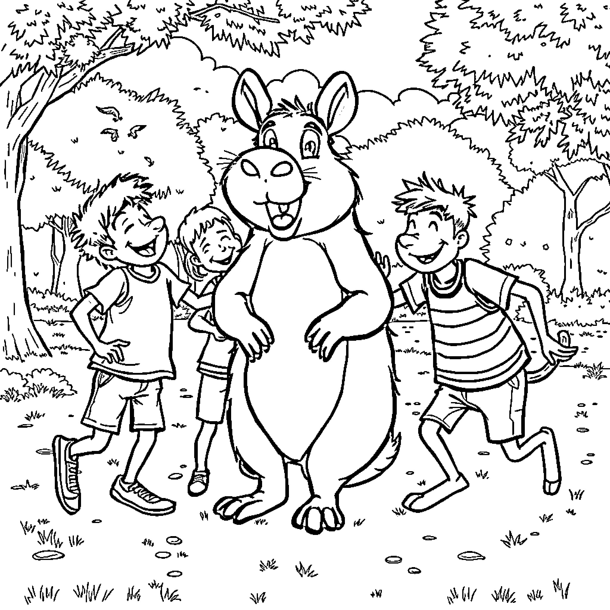 Escandaloso Children playing joyfully with a giant rabbit in the forest Coloring Page (free black-and-white line drawing printable PDF for all, from beginners to advanced learners, including children, teens, adults, and seniors)