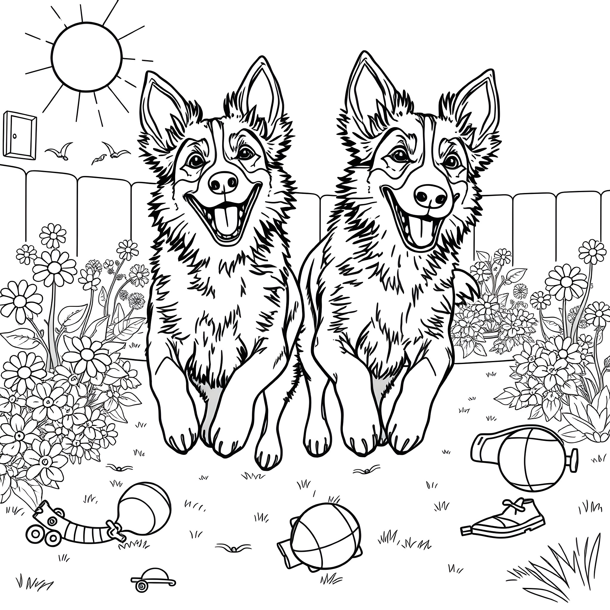 Bluey and Bingo playing happily in the backyard Coloring Page (free black-and-white line drawing printable PDF for all, from beginners to advanced learners, including children, teens, adults, and seniors)