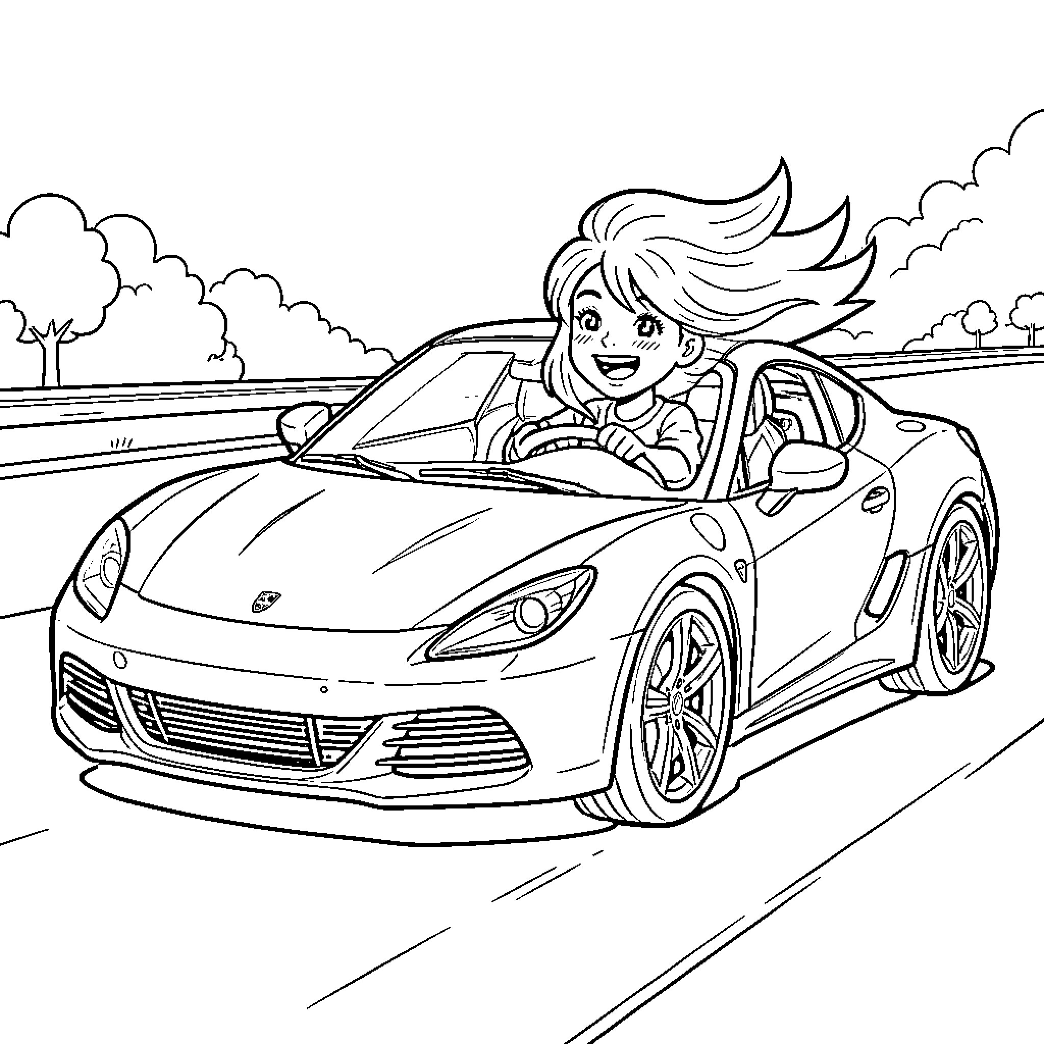 Girl driving a sports car joyfully on the road Coloring Page (free black-and-white line drawing printable PDF for all, from beginners to advanced learners, including children, teens, adults, and seniors)