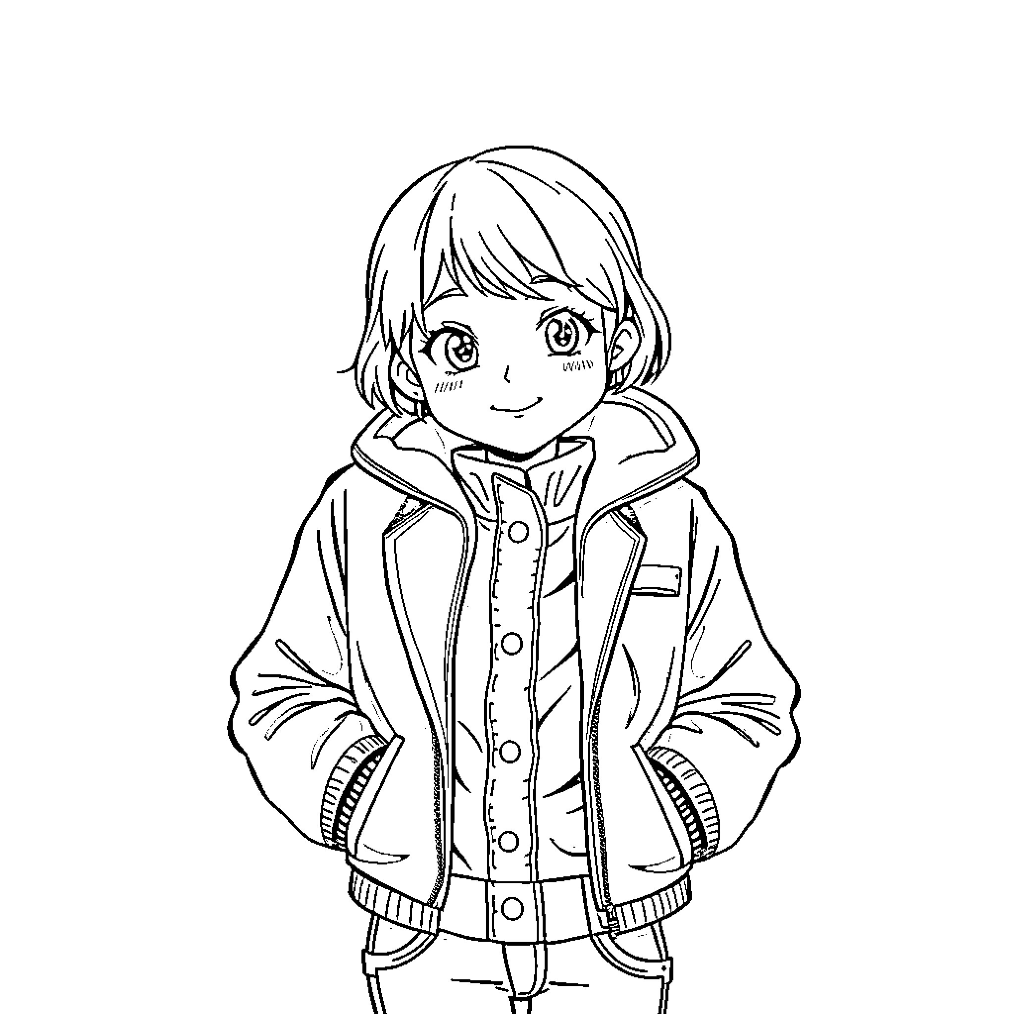 Girl in warm winter outfit smiling happily Coloring Page (free black-and-white line drawing printable PDF for all, from beginners to advanced learners, including children, teens, adults, and seniors)